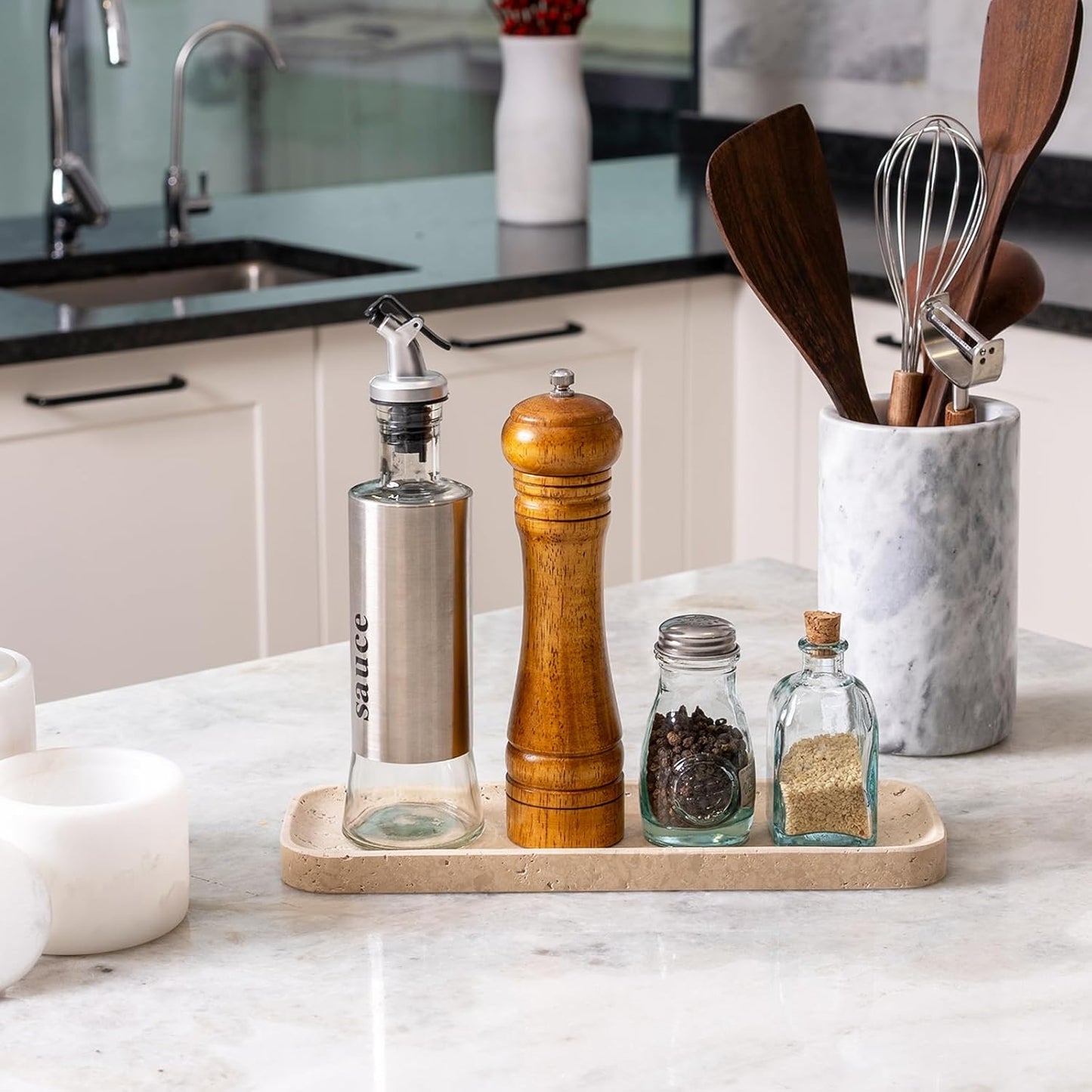 Koville Travertine Tray for Bathroom Sink, 12"x4" Natural Stone Vanity Tray for Kitchen Dresser Countertop, Rectangular Decorative Marble Tray for Jewelry Perfume Trinket(Beige)