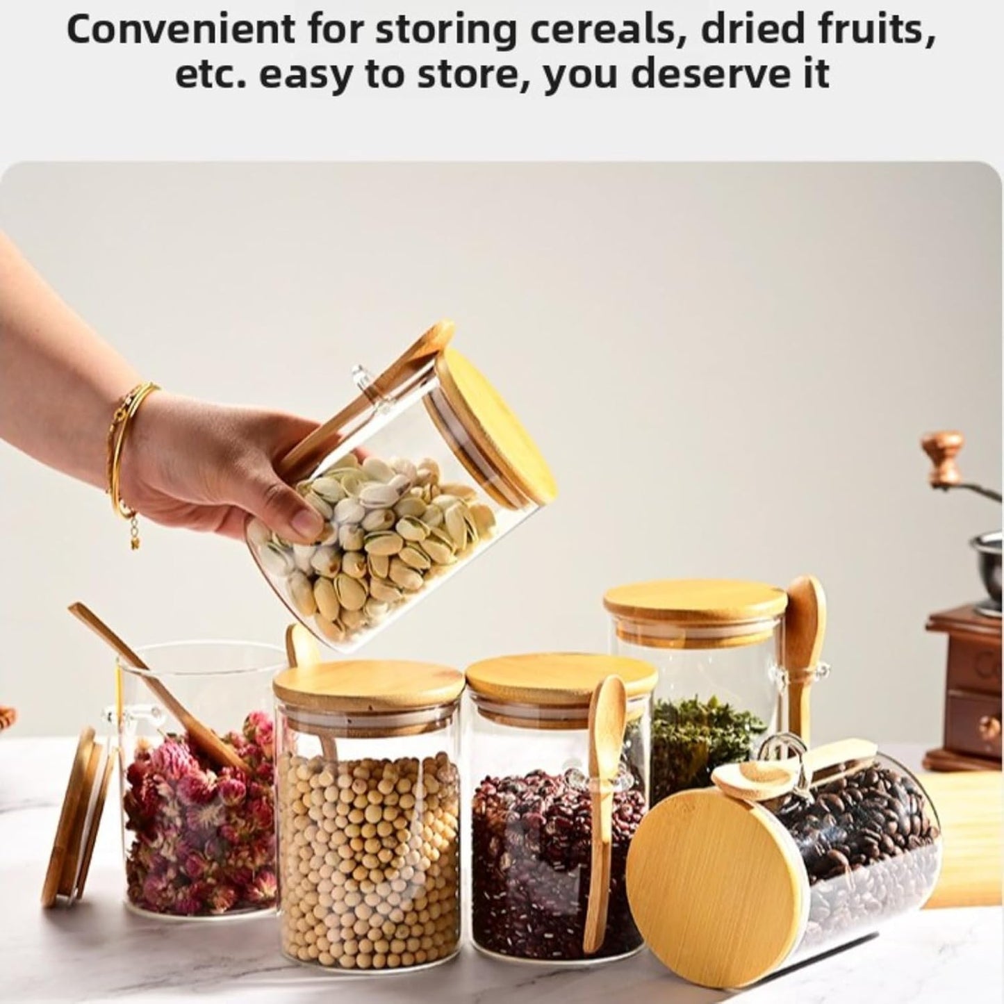 17oz Glass Storage Jars with Bamboo Lids & Spoons - Airtight Containers for Loose Leaf Tea, Overnight Oats, Coffee, and Dry Goods - Set of 4 Kitchen Canisters (4pcs)