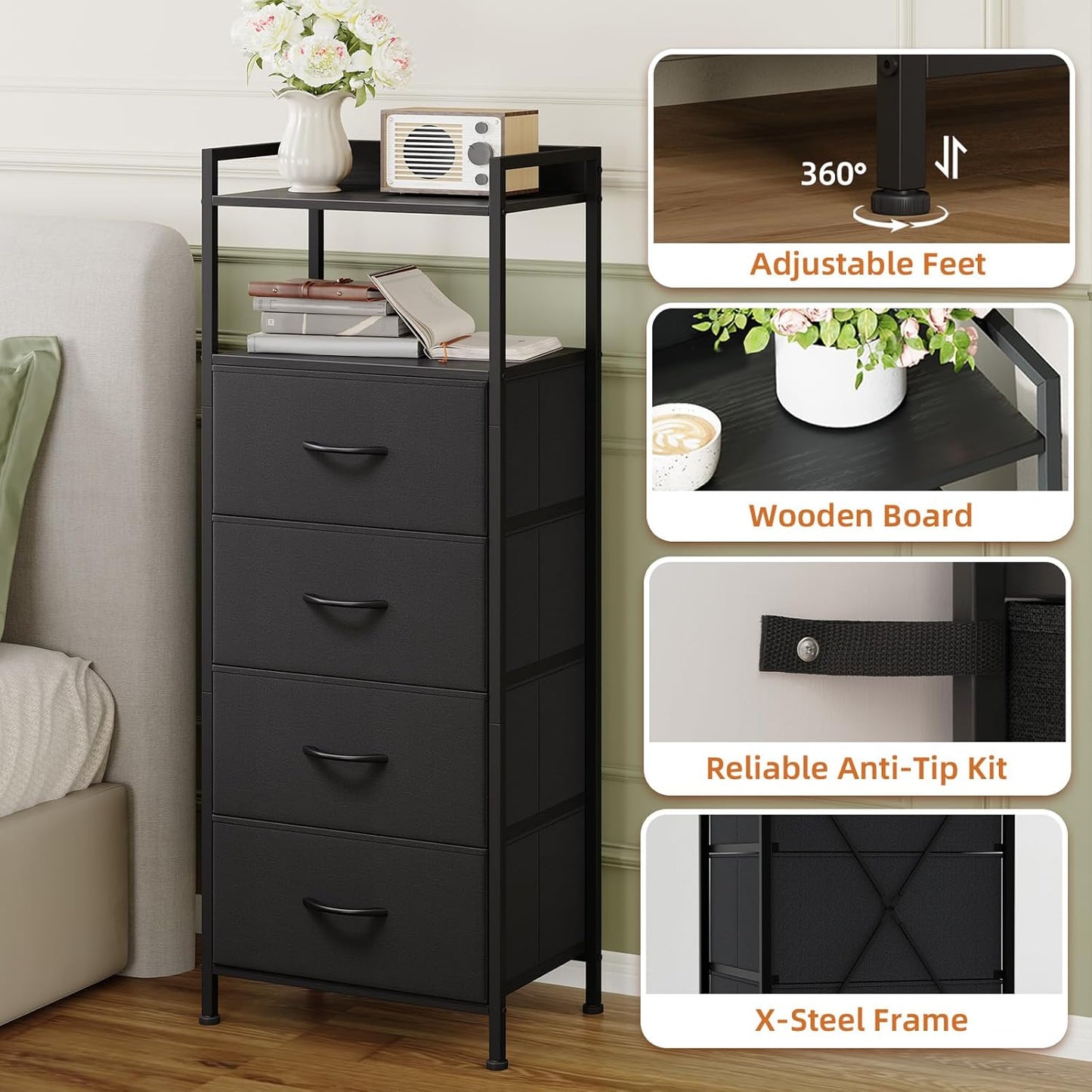Somdot Night Stand with 4 Drawers, Vertical Storage Tower Fabric Dresser for Bedroom, Nightstand Bedside Table Furniture, Sturdy Steel Frame, Wooden Top & Easy Pull Fabric Bins, Black