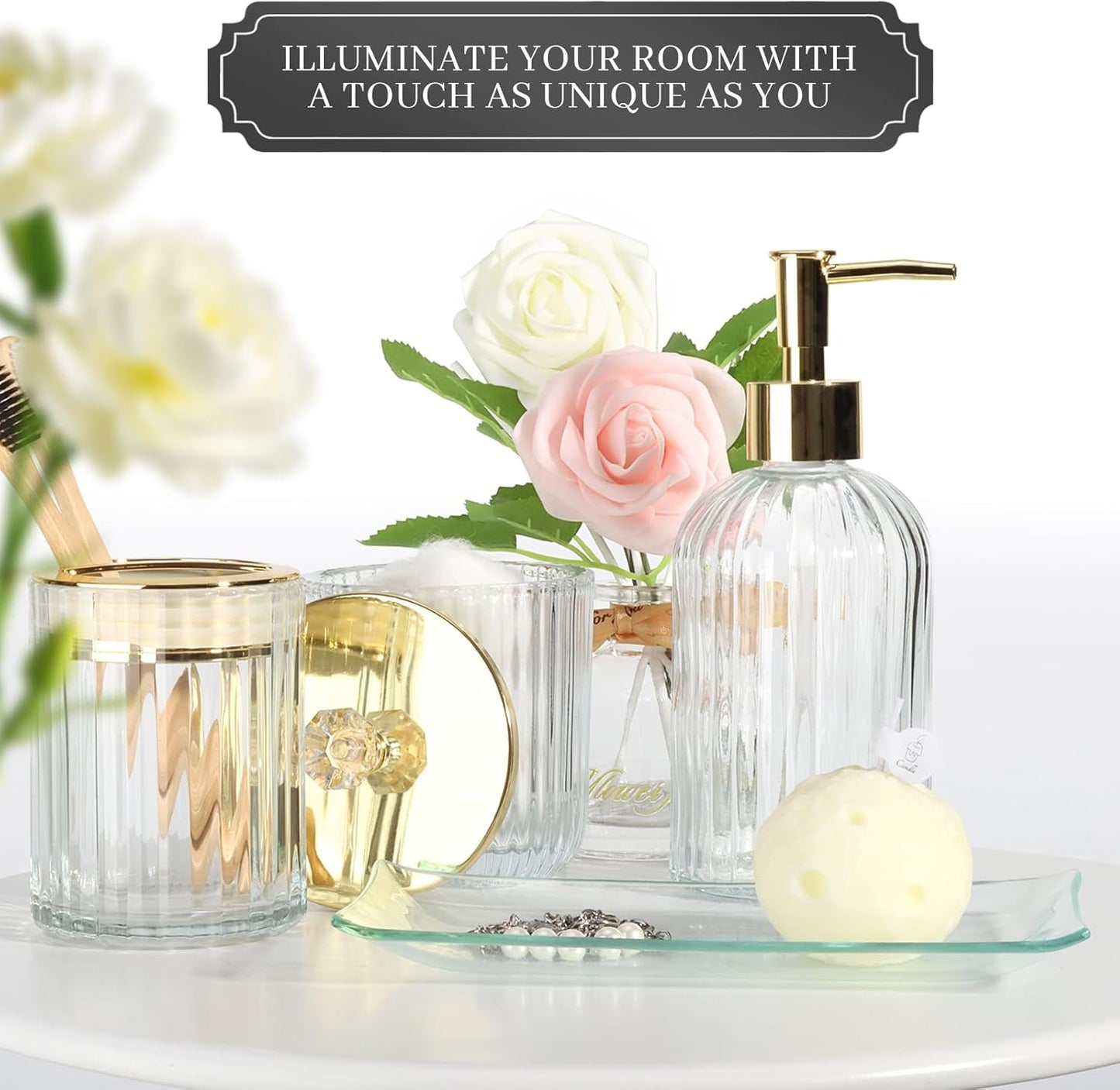 Designer Clear Glass Bathroom Accessories Sets - 4 Pcs with Lotion Soap Dispenser, Bathroom Toothbrush Holder, Vanity Tray, and Apothecary Jar, Vintage Bathroom Decor, Gift Countertop Organizer