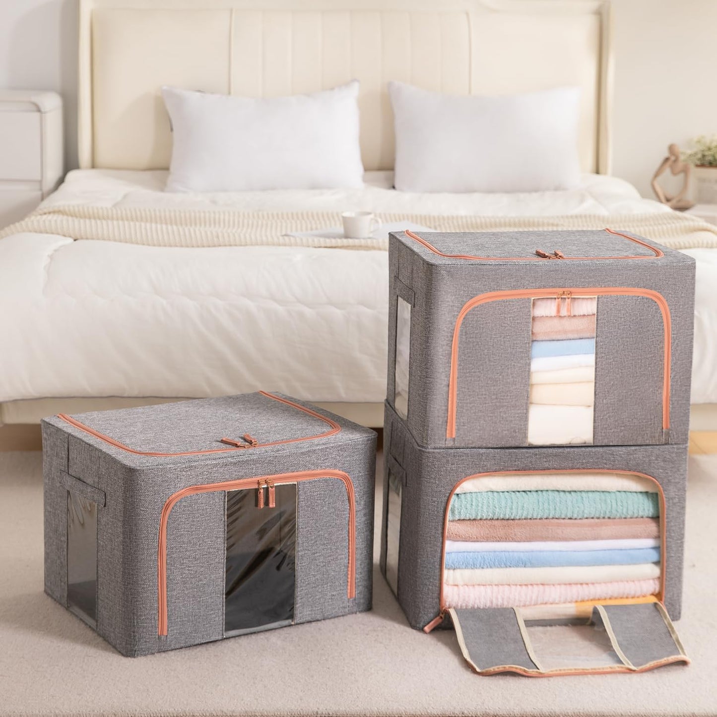 3 Pack 66L Stackable Clothes Storage Bins with Metal Frame Handles & Zipper, Collapsible Closet Organizer Box with Lid for Bedding Blankets Towel (Grey)