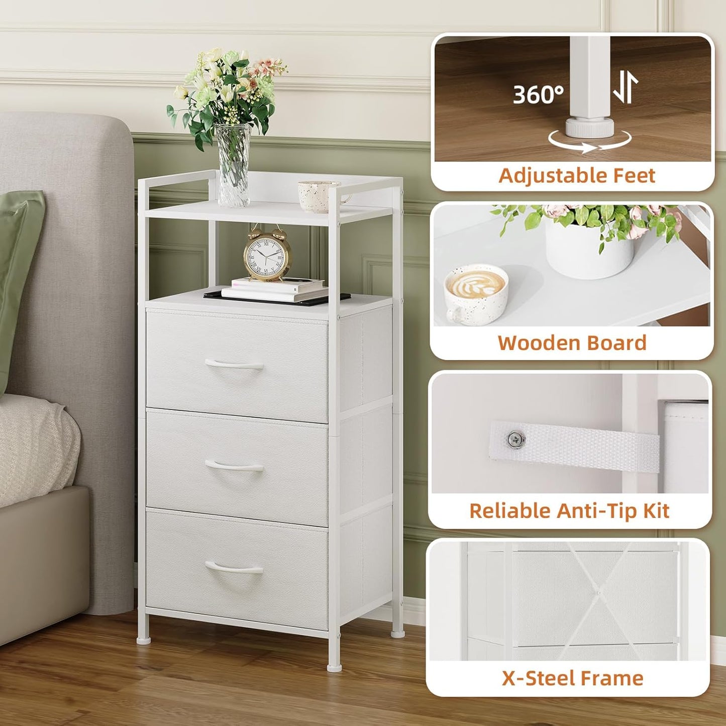 Somdot Nightstand with 3 Drawers, Dresser with Fabric Bins for Bedroom, Hallway, Entryway, Nightstand Bedside Table Furniture, Sturdy Steel Frame, Wooden Top, Easy Pull Fabric Bins, White Leather