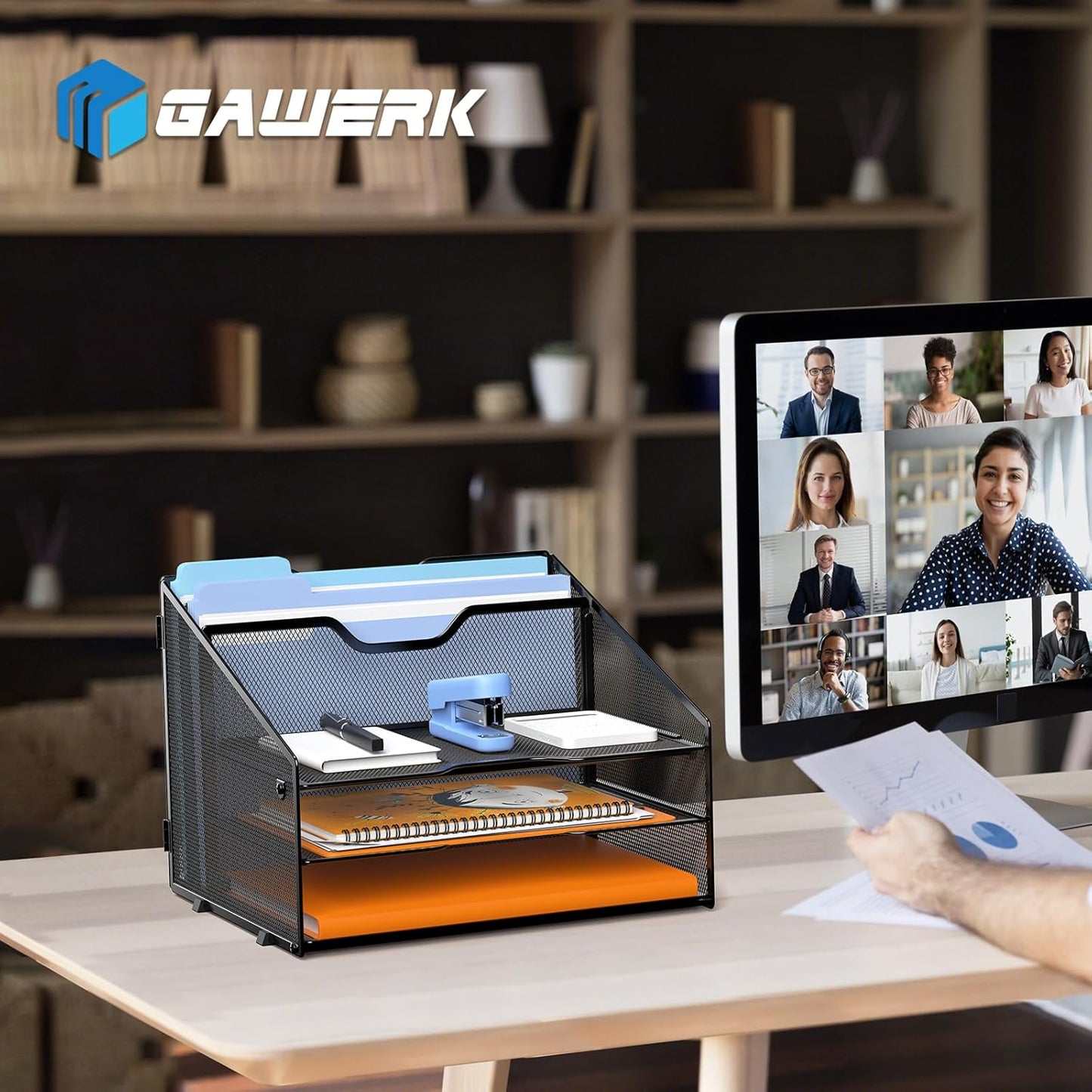 Letter Tray Organizer, Mesh Desk File Organizer with 3 Paper Trays and 2 Vertical Upright Section, Blank