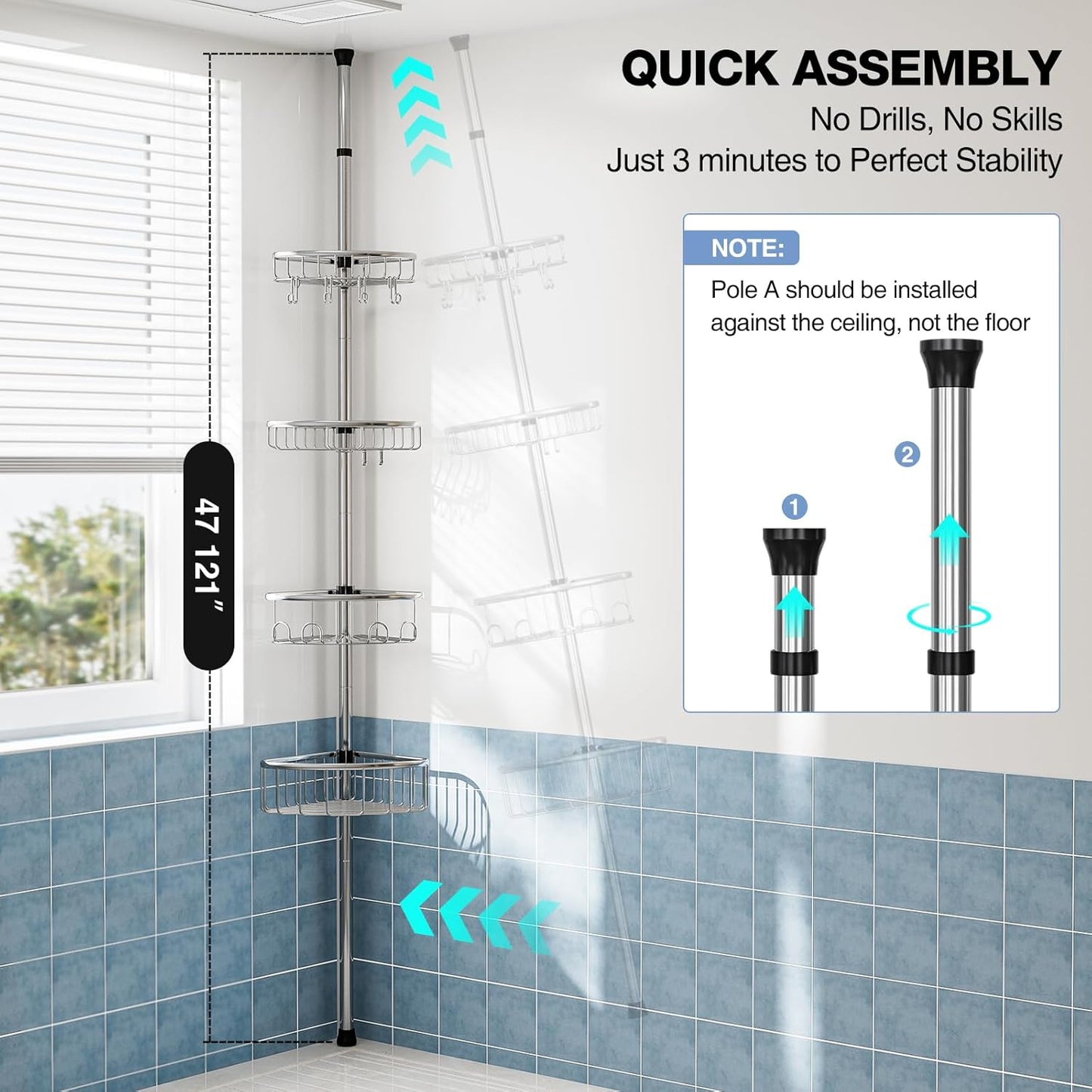 Corner Shower Caddy Tension Pole: Stainless Steel Rustproof 4-Tier Shower Organizer - 47-121 inch Adjustable Bathroom Shelves for Bathtub Shampoo Storage - Tension Rod Floor Standing Bath Rack -Silver