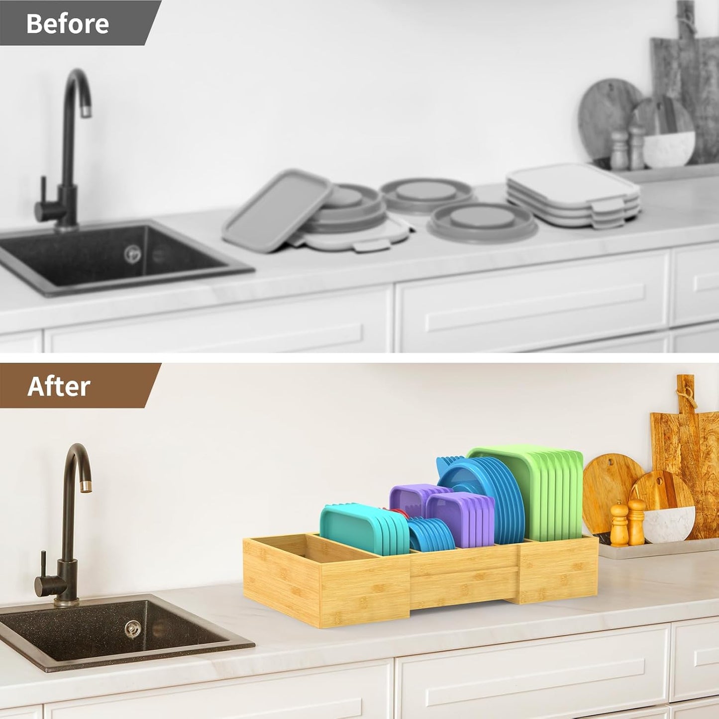 Retro Shaw Large Expandable Kitchen Lids Organizer for Cabinet, Covers, Pantry, Drawer & Countertop Storage, with 3 Adjustable Dividers, Hand-made Bamboo Food Container