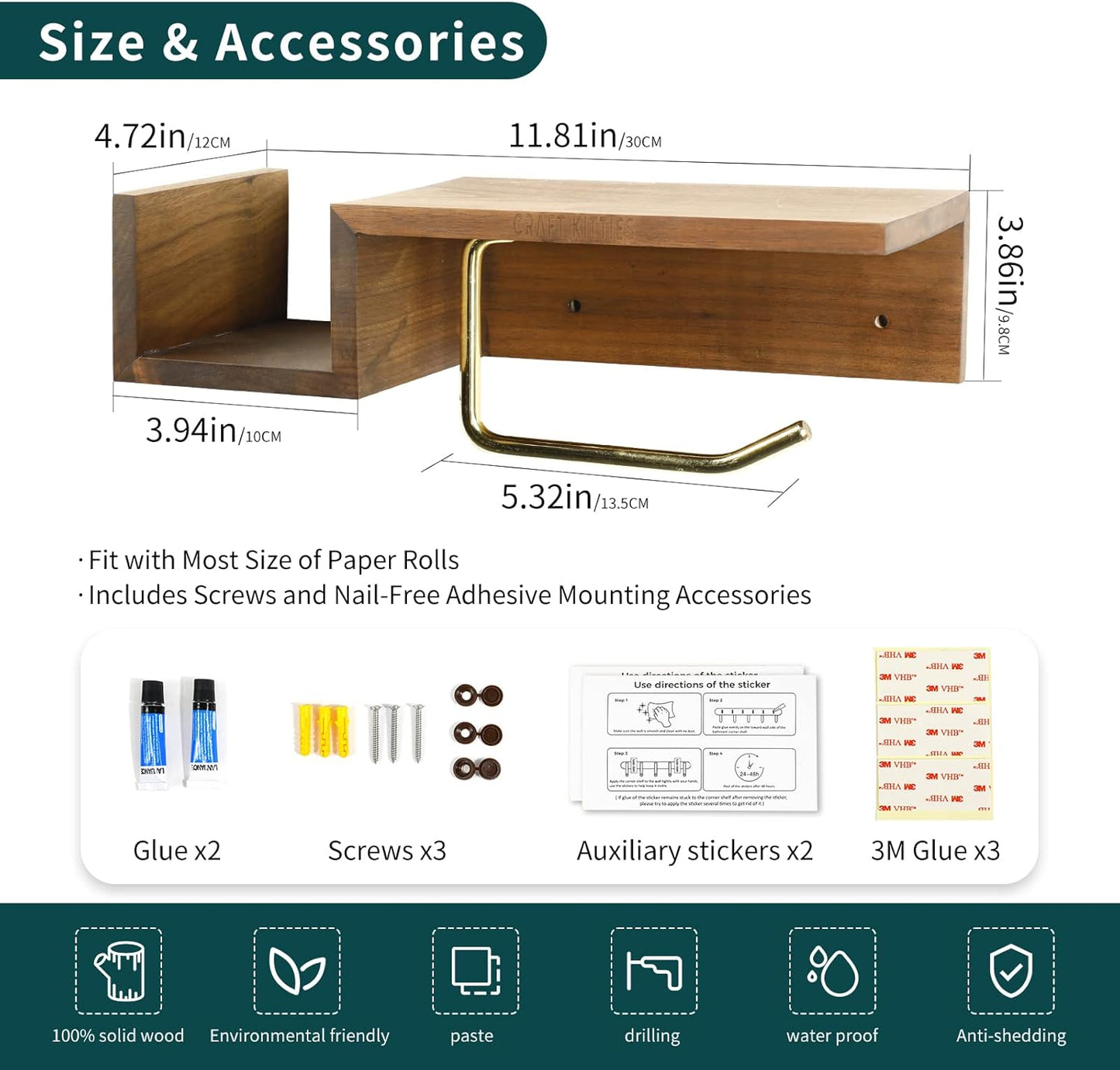 Wall-Mounted Toilet Paper Holder with Shelf and Storage, Made of Walnut Wood - Toilet Roll and Tissue Holder for Bathroom(Walnut Wood)