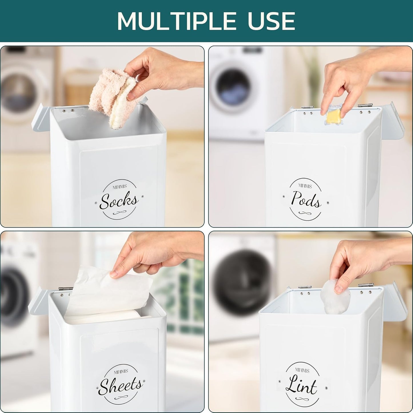Minimis Customizable Mini Laundry Room Storage Bin - Small Magnetic Storage Holder Basket with Lid for Organizing Lint, Socks, Trash or Pods - Garbage Box Can be Mounted on a Wall/Dryer or Countertop