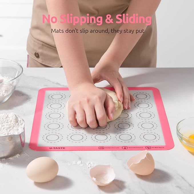 446ºF Heat Resistant Macaron Mat: U-Taste 11x11in Non Stick Silicone Baking Mat, Reusable Cookies Pastry Sheet Liner with Edge Enhancement & Circle Measurement for Square Cake Pan (2 PCS, Pink)
