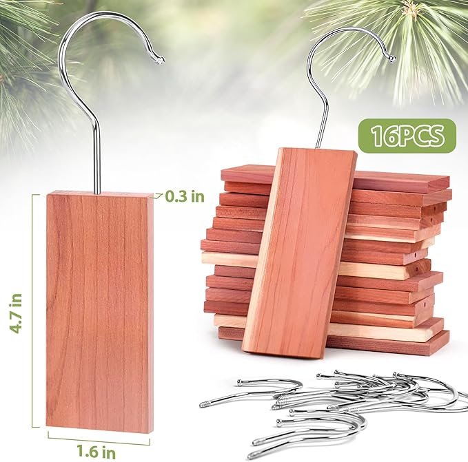 Woodever 16 Pack Cedar Planks for Clothes Storage, Aromatic Red Cedar Wood Hangers with Metal Hooks, 100% Natural Scent, with Sandpaper Freshener, for Drawers and Wardrobes