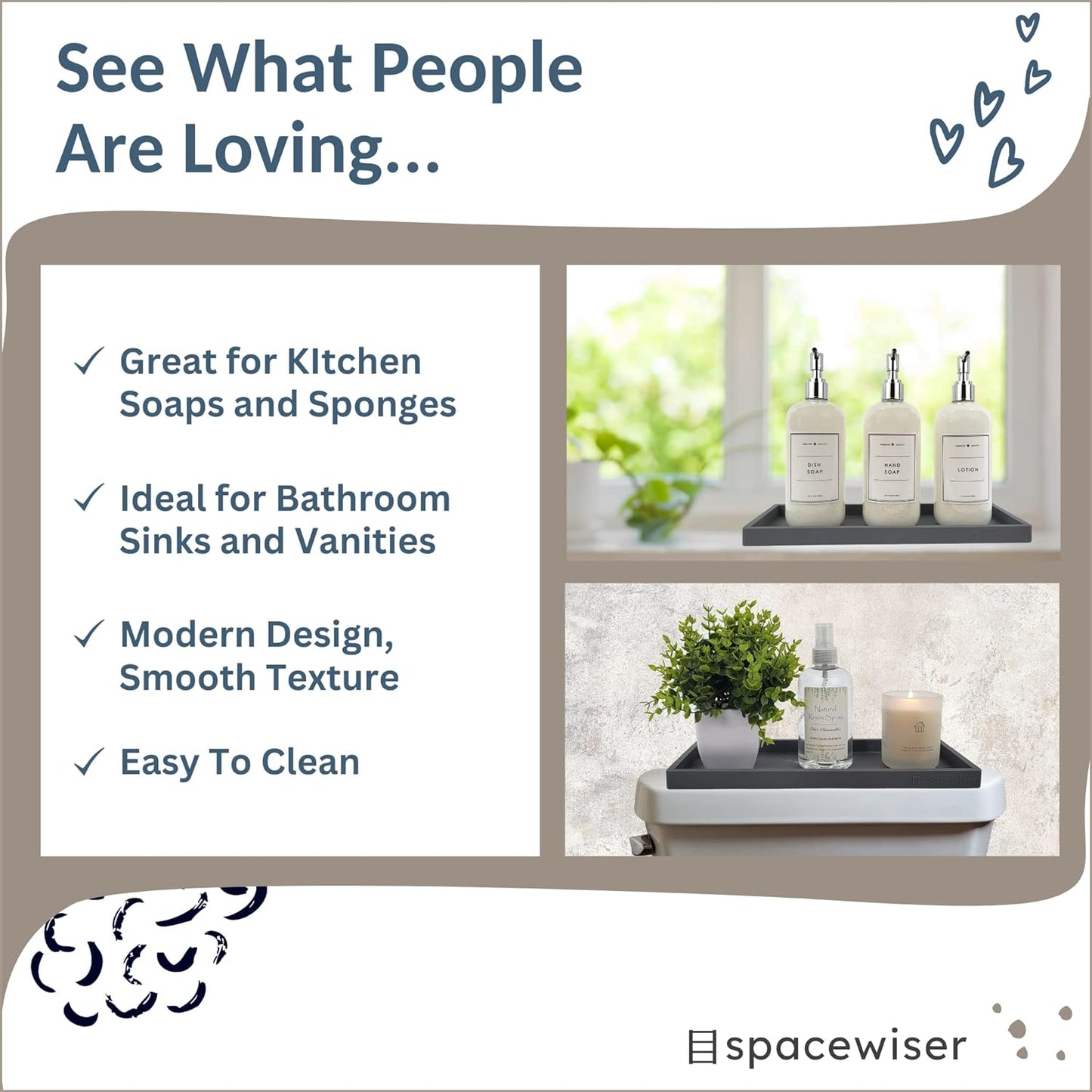 Countertop and Vanity Tray - 2 PC Large 11.7" Silicone Bathroom Trays, Counter Organizer, Dish Soap Sponge Holder Kitchen Sink Tray Organizer, Sink Caddy Toothbrush Key Kitchen Soap Trays