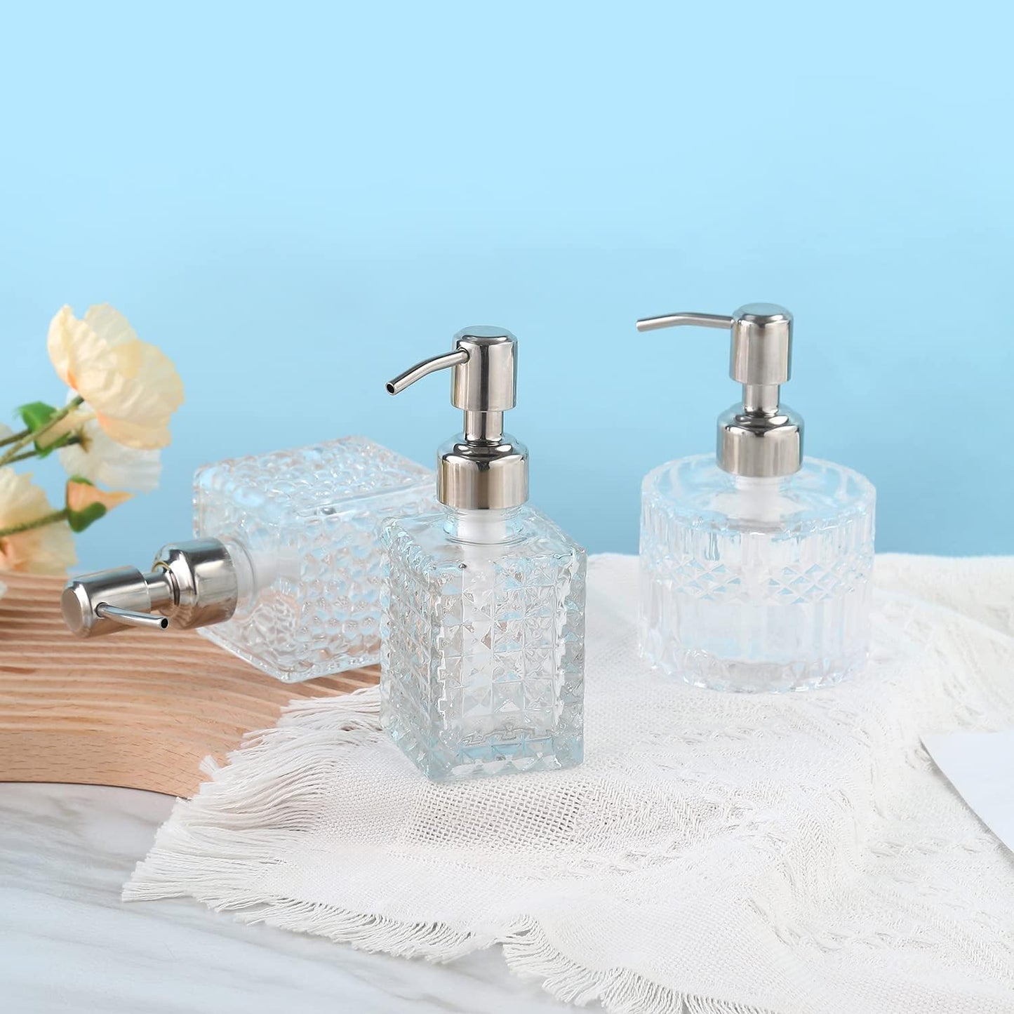 Soap Dispenser with Stainless Steel Pump, Clear Crystal Design, Vintage and Elegant, Refillable Liquid Hand Soap Dish Soap Dispensers for Bathroom Counter, Kitchen Sink (Style 4)