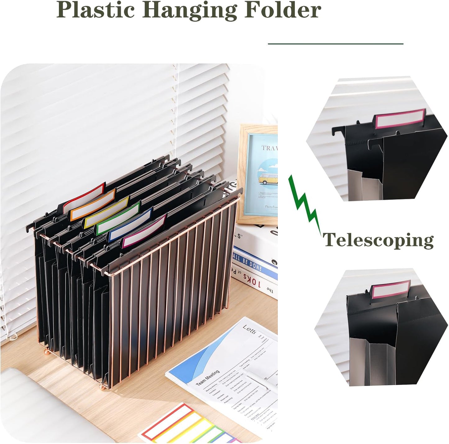 Hanging rose gold file manager, equipped with 6 letter sized plastic organ folders, file baskets, file boxes, storage boxes, office and study supplies, black