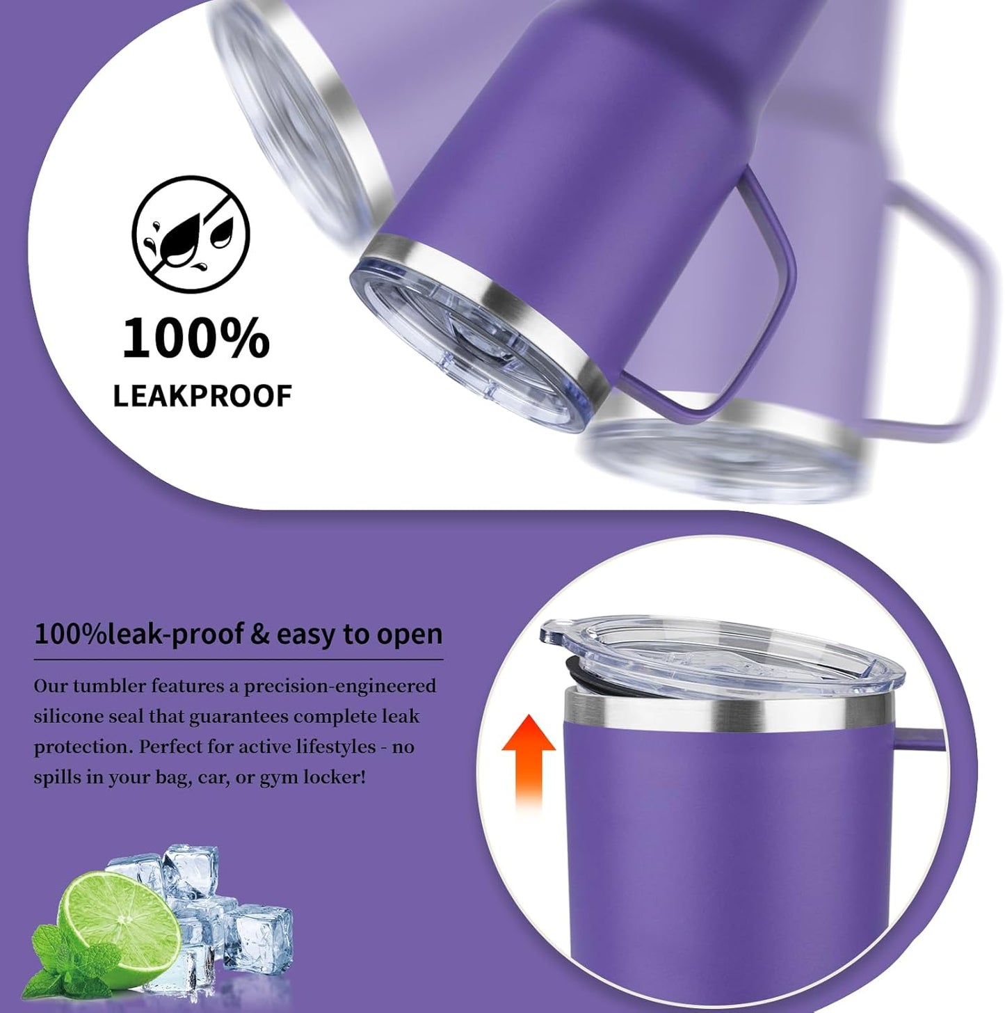20oz Insulated Tumbler with Handle Stainless Steel Travel Coffee Mug with Lid and Straw Double Wall Vacuum Leak-proof Reusable Thermal Water Cup for Hot and Cold Drinks (Purple,1 Pack)