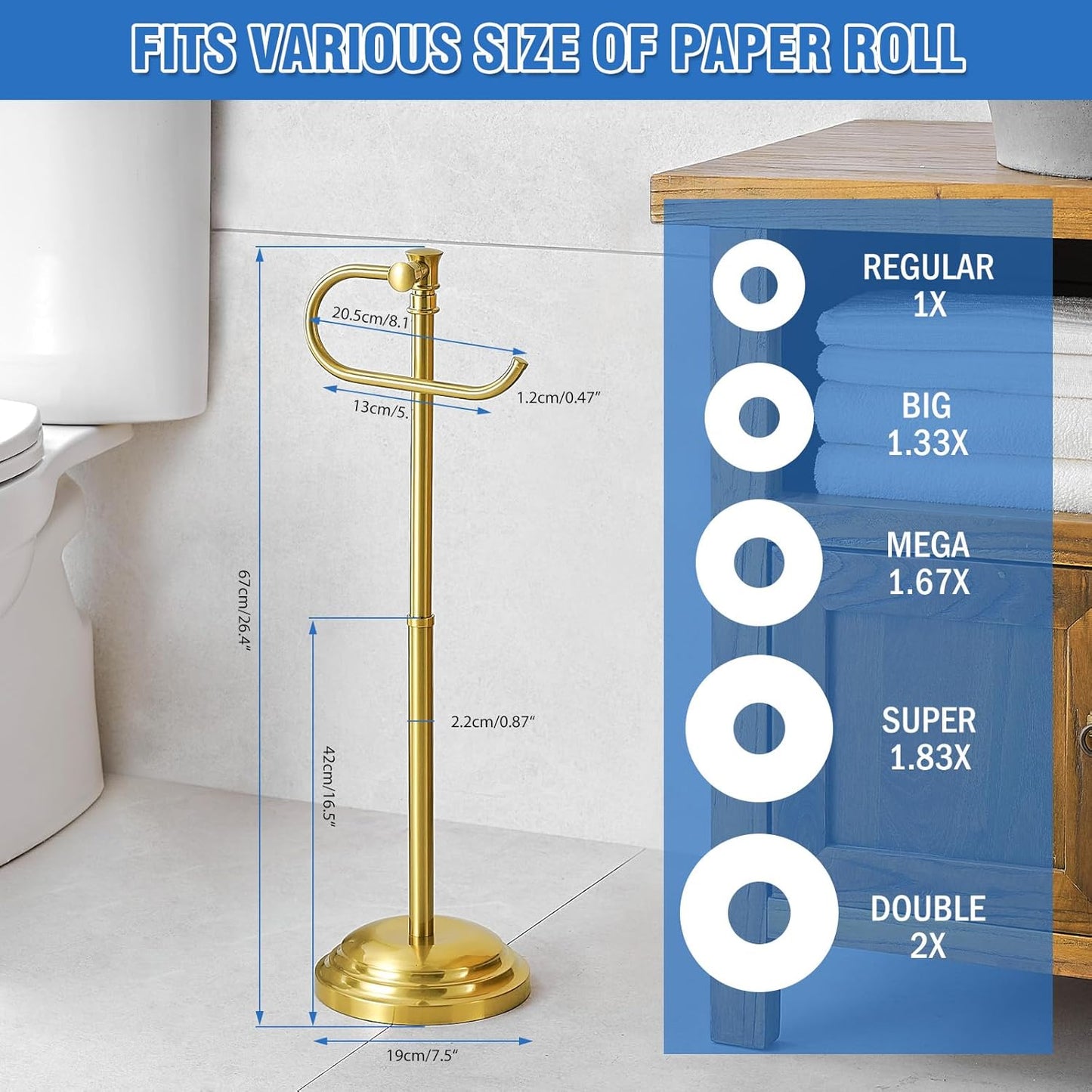 RUMOSE Toilet Paper Holder Stand for Floor, Brushed Gold Adjustable (12.4" to 22.8") Bathroom Toilet Tissue Holder, Free Standing Toilet Paper Roll Holder with Storage, Stainless Steel