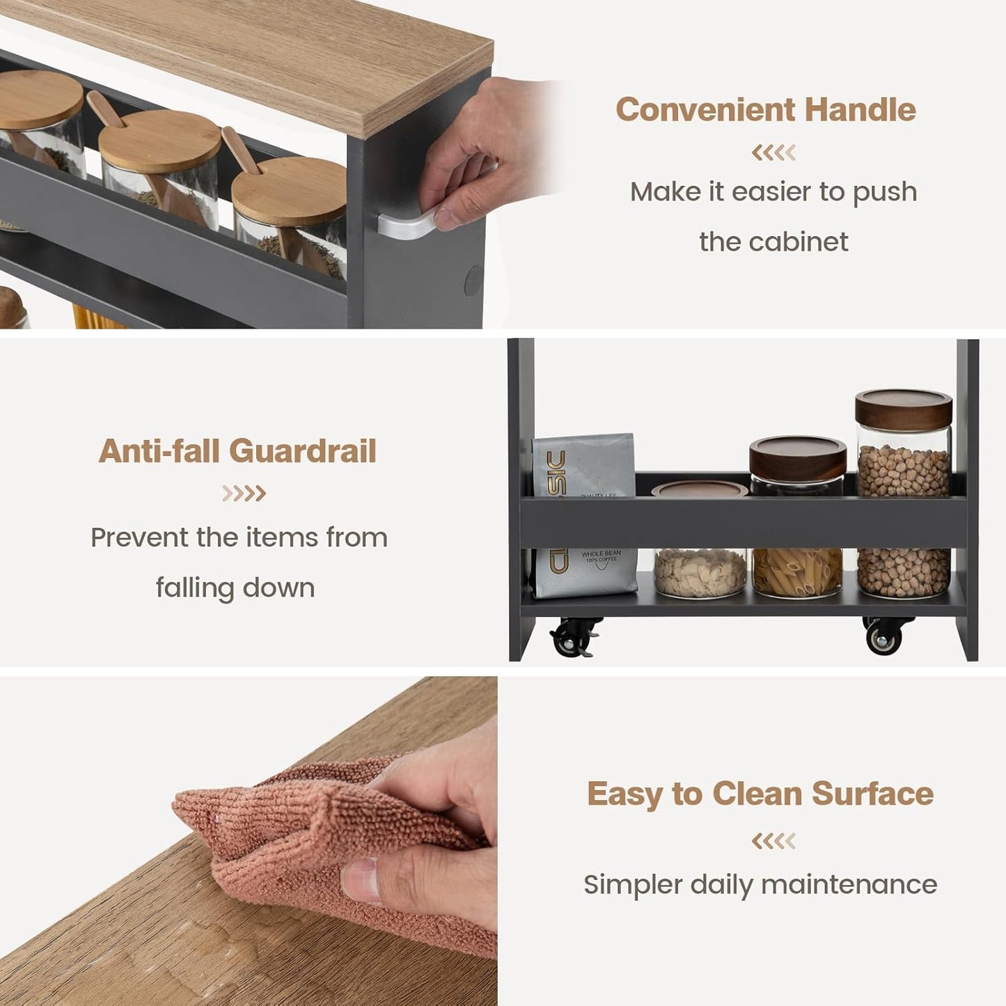 LOKO Slim Storage Cart, 4-Tier Rolling Cart with Handle & Wooden Top for Kitchen Bathroom Laundry Living Room Narrow Small Spaces, 5 Inches Width (Grey & Natural)