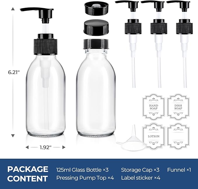 Glass Pump Bottle Dispenser 4 oz, 3 Pack, Black Caps, Labels - Glass Bottles with 1 Extra Pump Tops