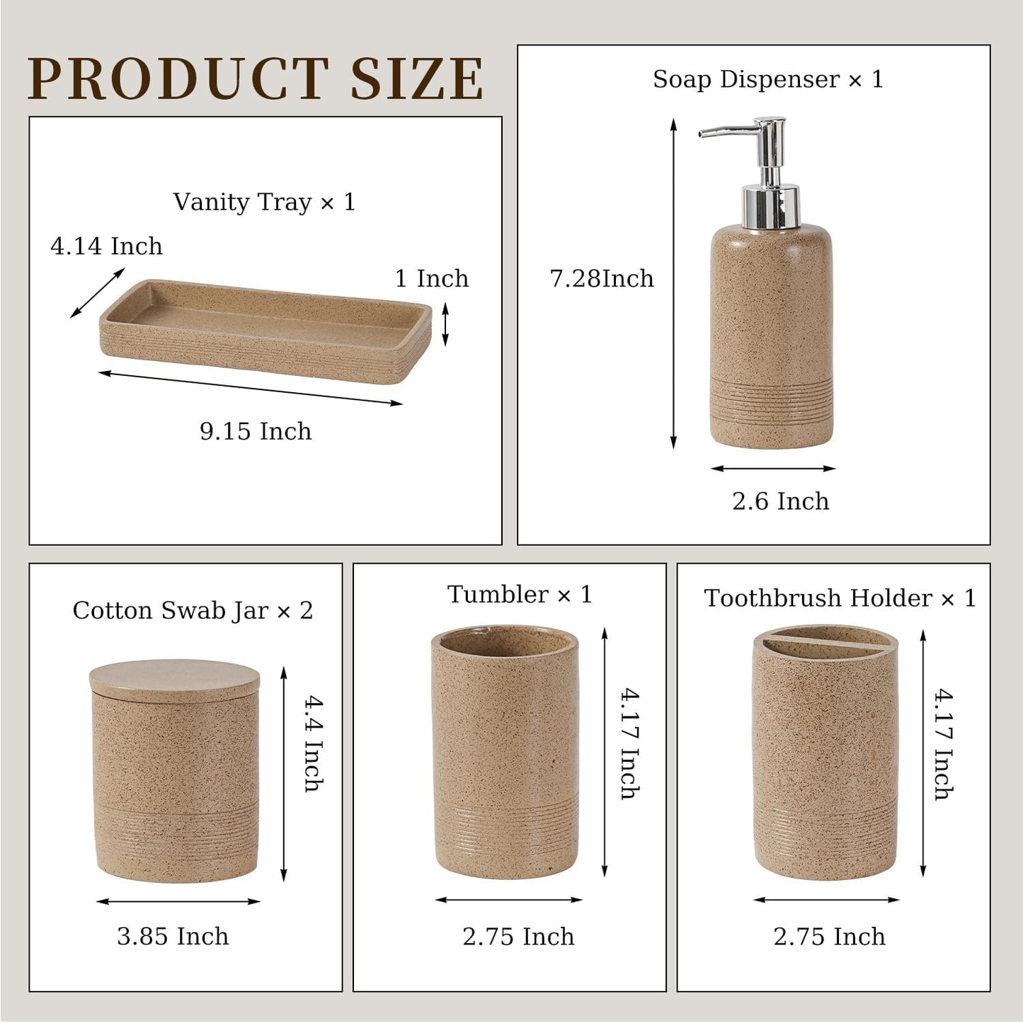 Bathroom Accessories Set, 6 PCS Modern Rustic Resin Bathroom Organizer Set, Toothbrush Holders Set, Soap Dispenser, Vanity Tray, Tumbler, Cotton Swab Jars (Dark Beige)