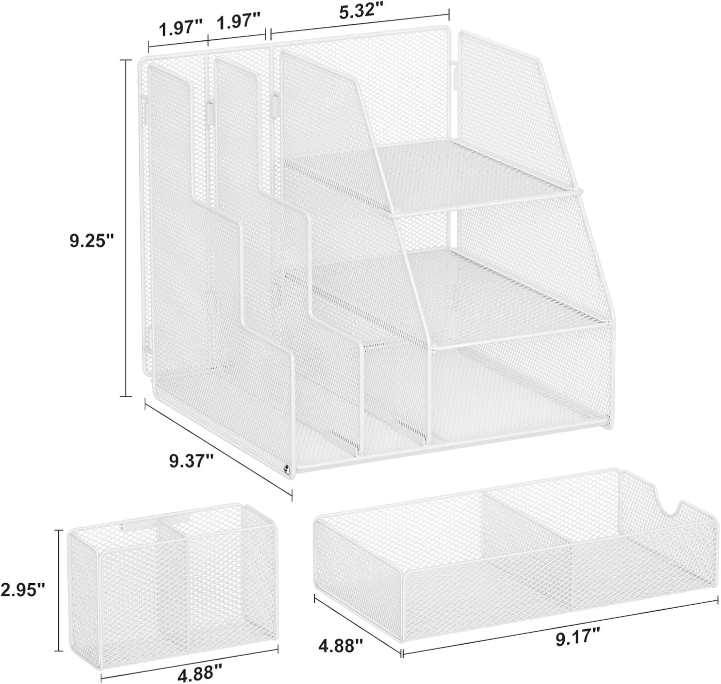 Marbrasse Desk Organizer and Accessories, 3-Tier File Organizer with Drawer and Pen Holder, Small Desktop Organizer and Storage for Workspace Office Supplies White