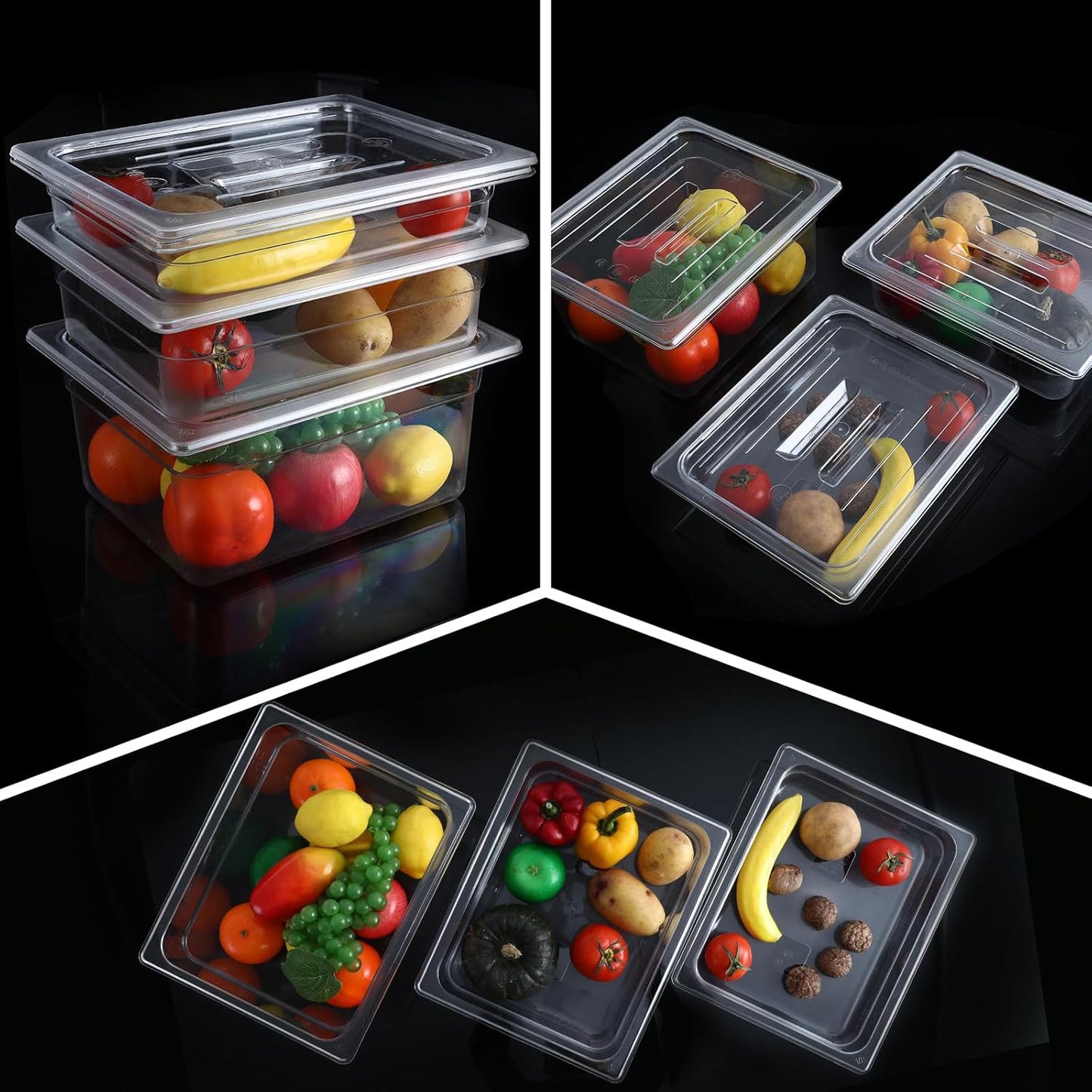 6 Pack 1/2 Size 4'' Deep Clear Food Pans with Lids, Commercial Food Pans Polycarbonate Transparent Food Storage Containers, Stackable Plastic Pan with Capacity Scale, Restaurant Supplies Hotel Pan