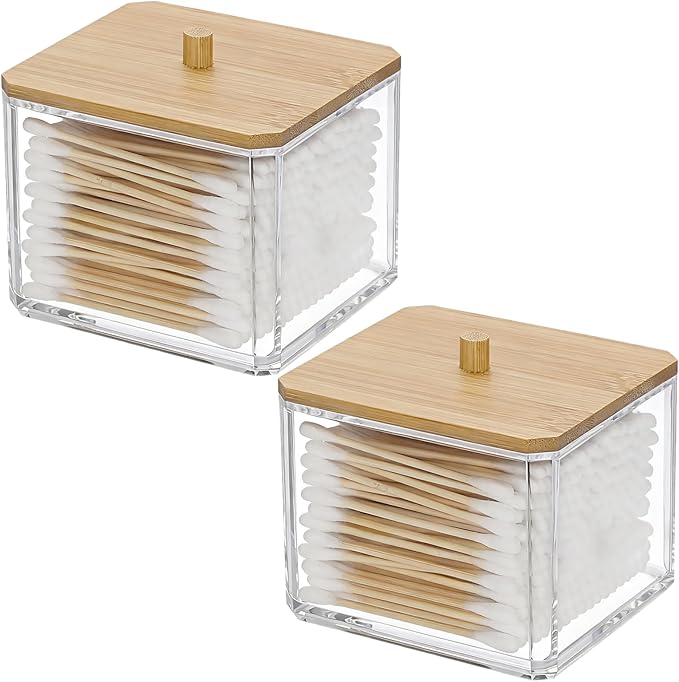 AXX Qtip Dispenser Apothecary Jars Bathroom - Qtip Holder Storage Canister Clear Plastic Jar for Cotton Swab,Q-Tips,Cotton Rounds (I#Cylinder 2Pcs)