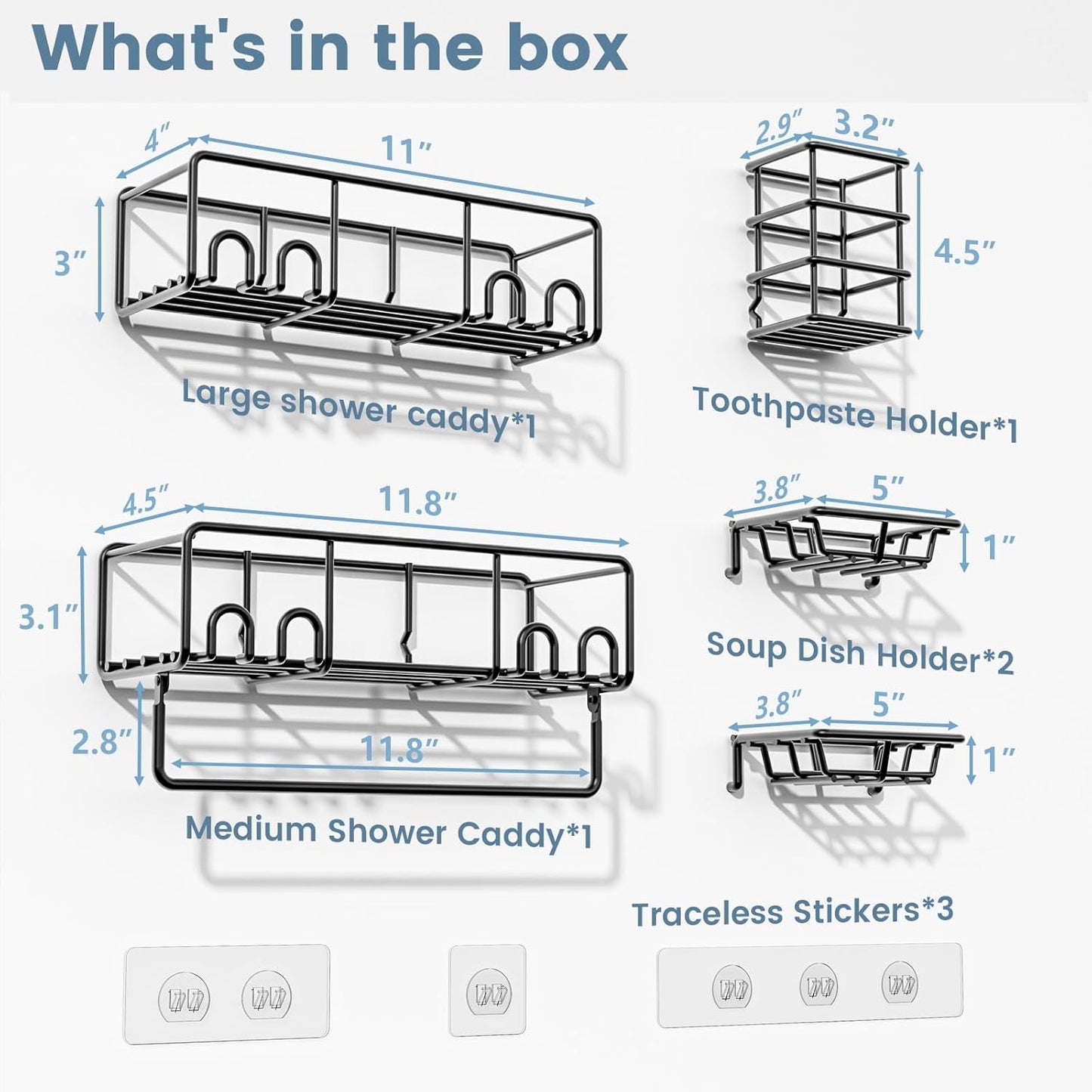 5-Pack Shower Caddy, Adhesive Shower Organizer, No-Drill Space Saving Shower Shelf with Soap Dish, Rustproof Shower Shampoo Holder for Kitchen & Bathroom Storage & Home Decor (Black)