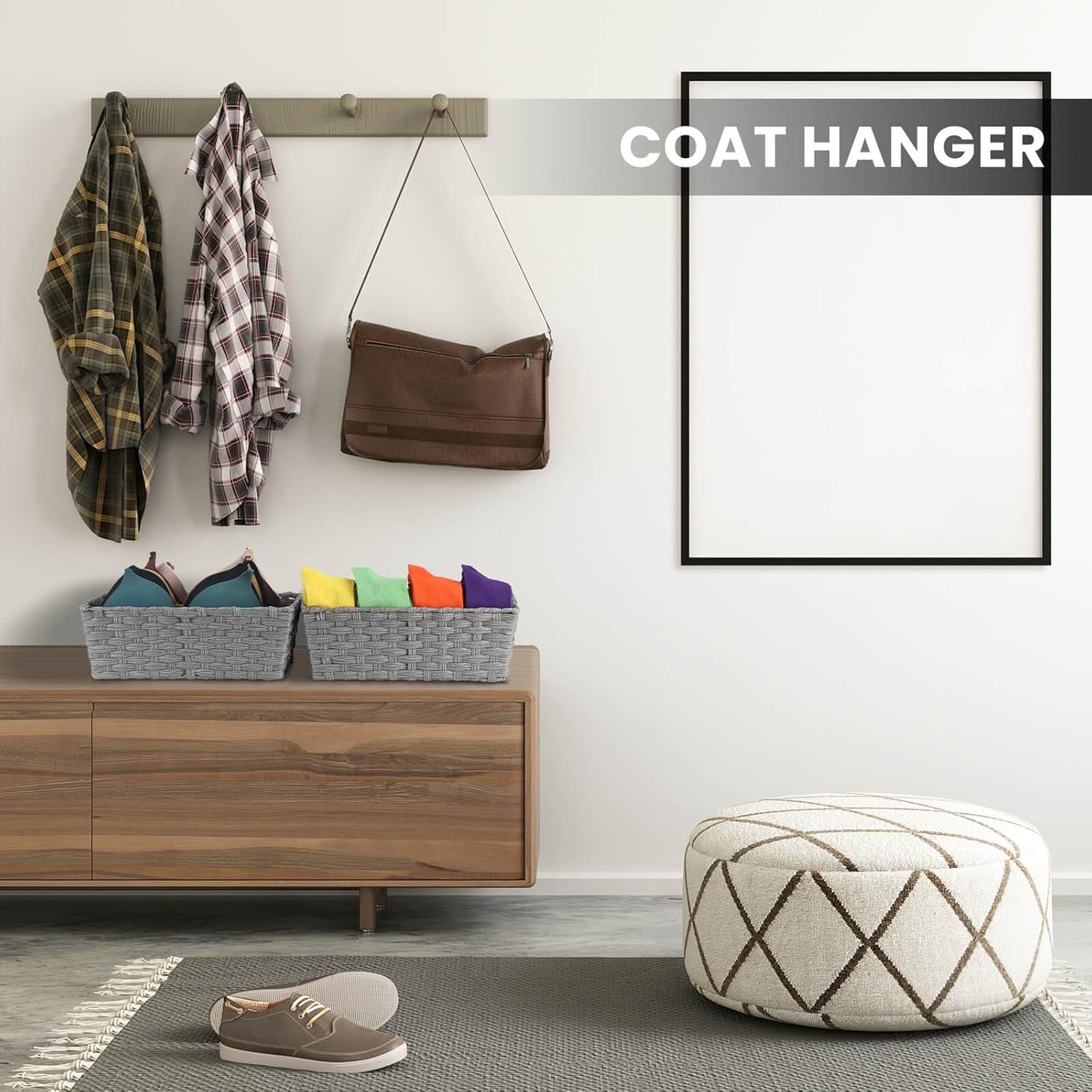 Large Wicker Storage Basket, Metal Frame, Set of 2, Washable Waterproof, 15" x 10.3" x 5.2", Grey Color, Woven Basket for Pantry, Toilet, Bathroom, Bedroom, Patio