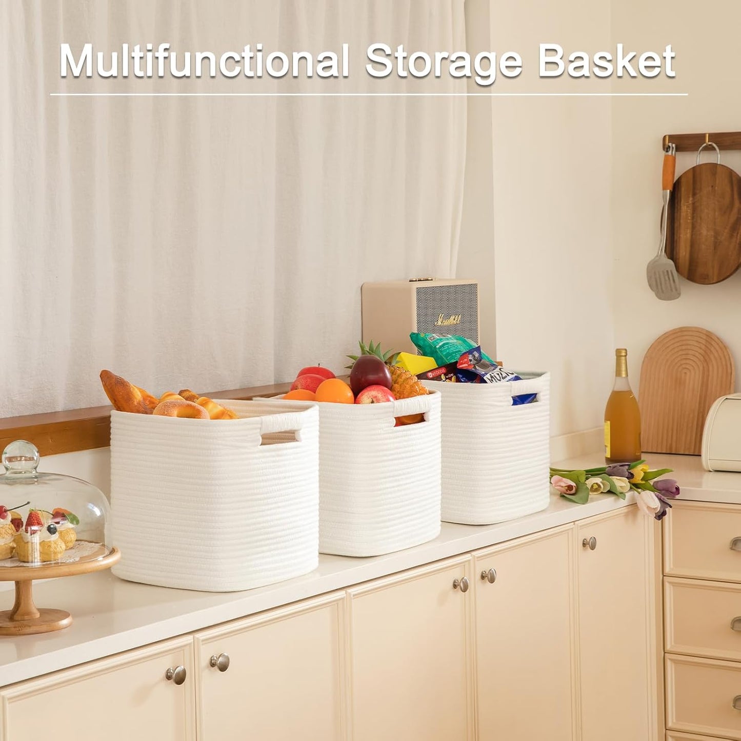 OIAHOMY Storage Cubes 11 Inch - 3 Pack, Cotton Rope Woven Baskets for Organizing, Square Storage Baskets for Shelves Organizer, Classroom, Kids Toy Bins, Closet, Baby Nursery-White