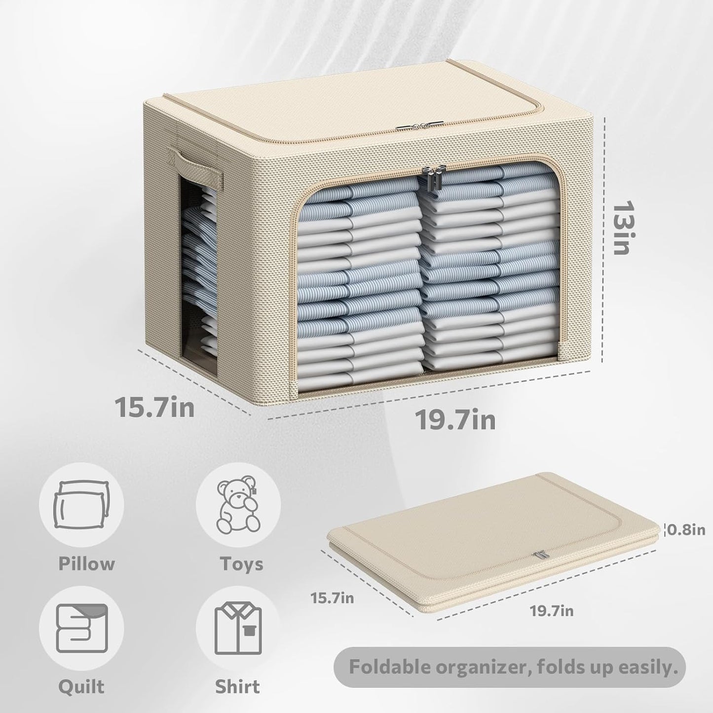3Pack Frame Storage Box - Clothes Storage Bin Bags Oxford Fabric Foldable Stackable Container Organizer Set with Clear Window & Carry Handles Large Capacity (Beige, Large-66L)