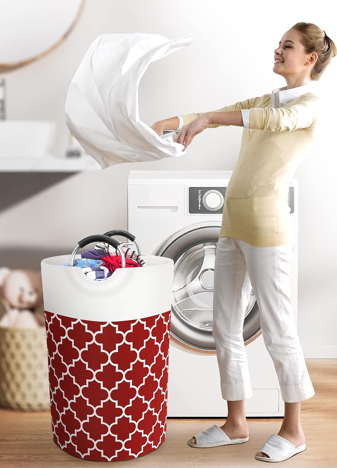 Large Laundry Basket Laundry Hamper Bag Washing Bin Clothes Bag Collapsible Tall with Handles Waterproof Travel Bathroom College Essentials Storage for College Dorm, Family (Red) 75L