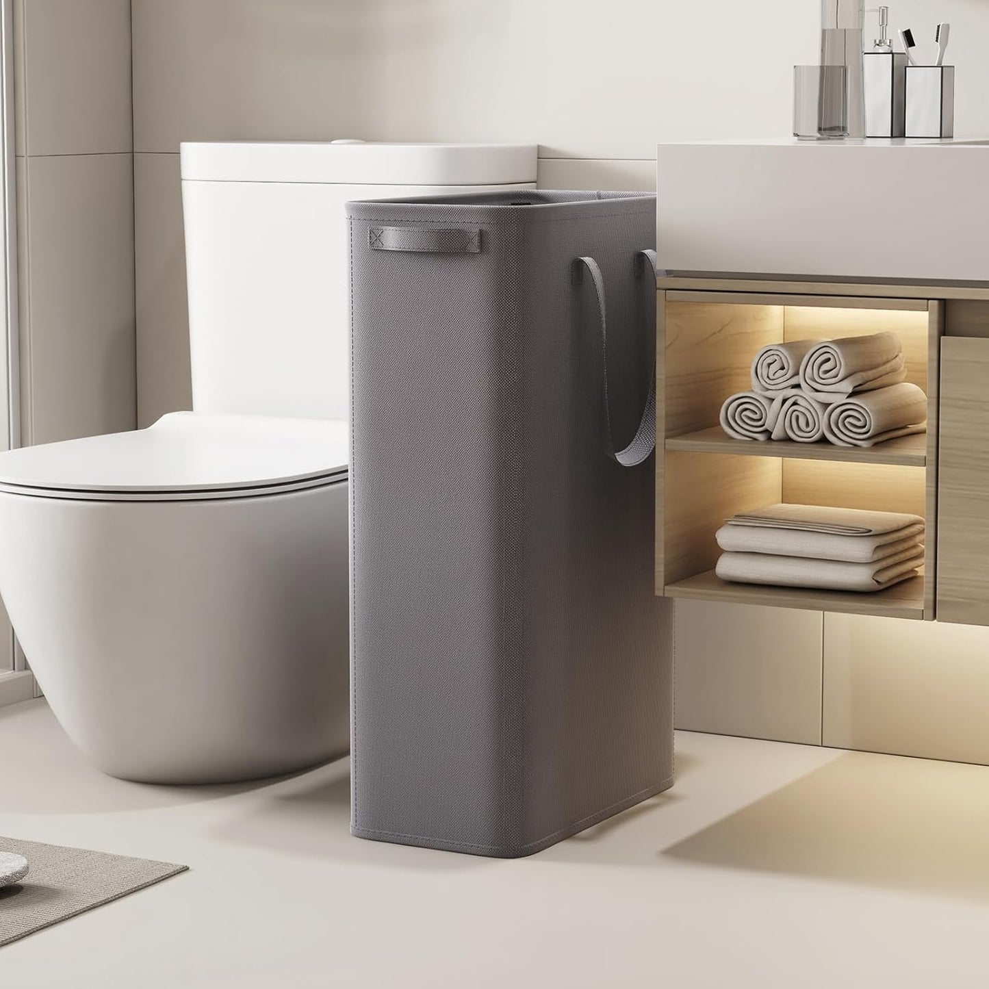 Lifewit 2 Pack Slim Laundry Hamper, Collapsible Narrow Laundry Basket, Small Tall Dirty Clothes Hampers with Handles for Bathroom Bedroom College Dorm, Grey, 65L