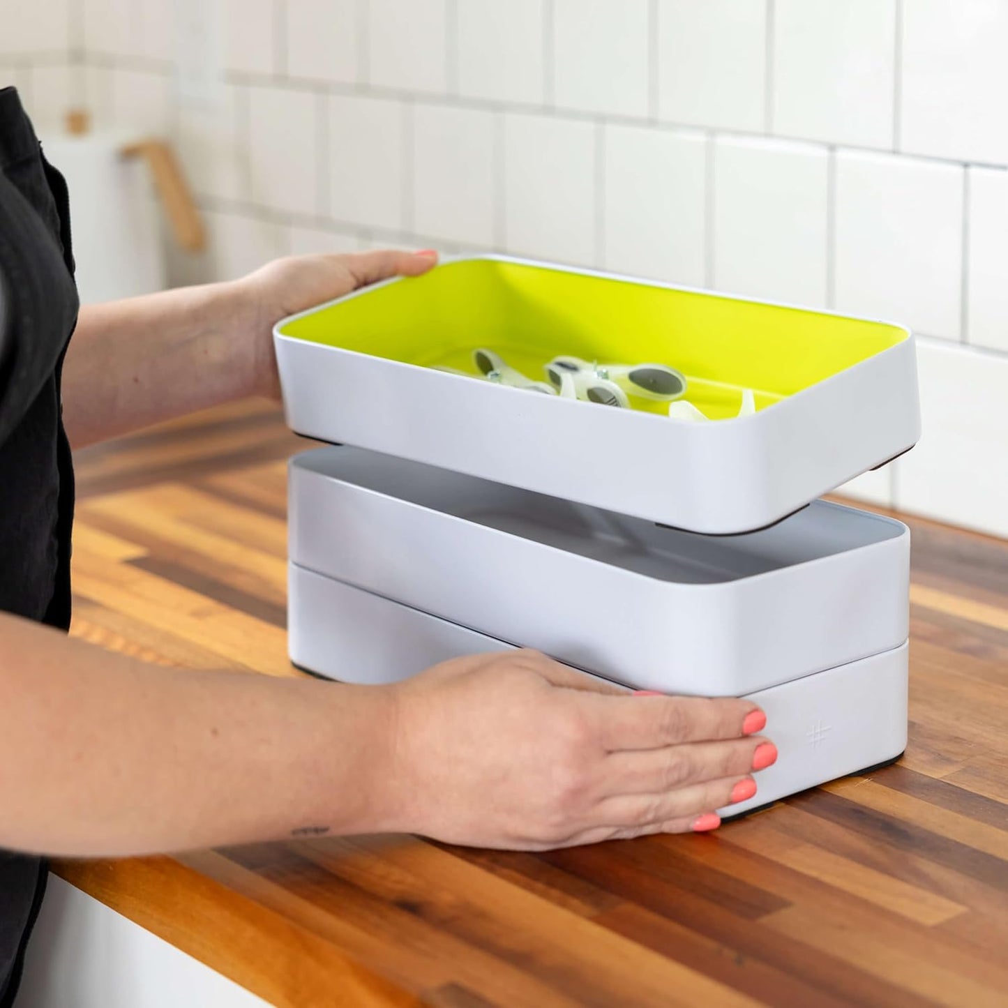 Three by Three Seattle 10 Piece Metal Organizer Tray Set for Storing Makeup, Stationery, Utensils, and More in Office Desk, Kitchen and Bathroom Drawers (2 Inch, Assorted Colors, Stripes)