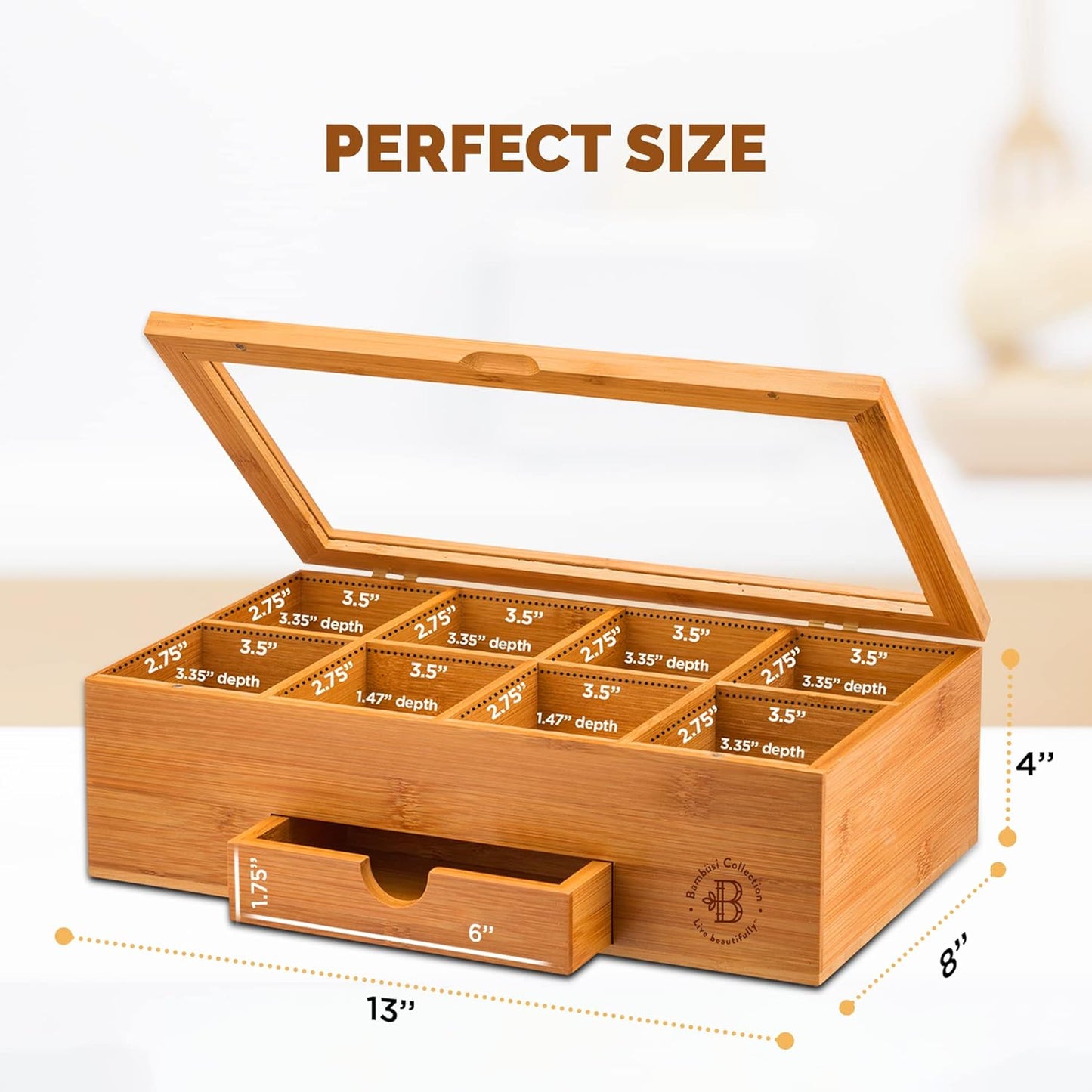 Tea Bag Organizer - Bamboo Tea Box Organizer Storage Box, Tea Bag Holder with Drawer & Acrylic Window, Magnetic Lid Keeps Tea Bags Fresh - Tea Organizer Caddy (Tea Not Included) Ideal Christmas Gifts