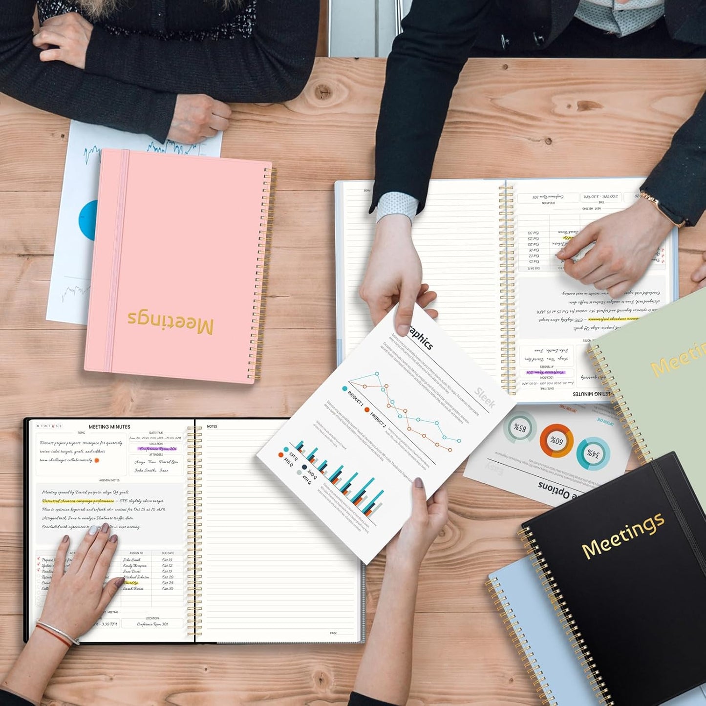 SUNEE Half Meeting Half Note 8.5"x11" Notebook for Work – 140 Pages, A4 Size Project Planner for Women&Men, Minutes Organizer for Meeting Notes, Ideas for Office/Business, PVC Waterproof Cover, Black