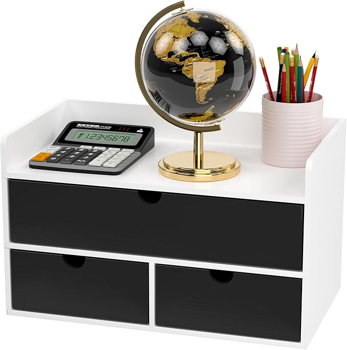 Wisuce Desk Organizer with Drawers - White-Black Bamboo Desktop Organizer Storage | Wood Desk Drawers Organizer for Bills, Office Supplies, Cosmetics, Seals No Assembled