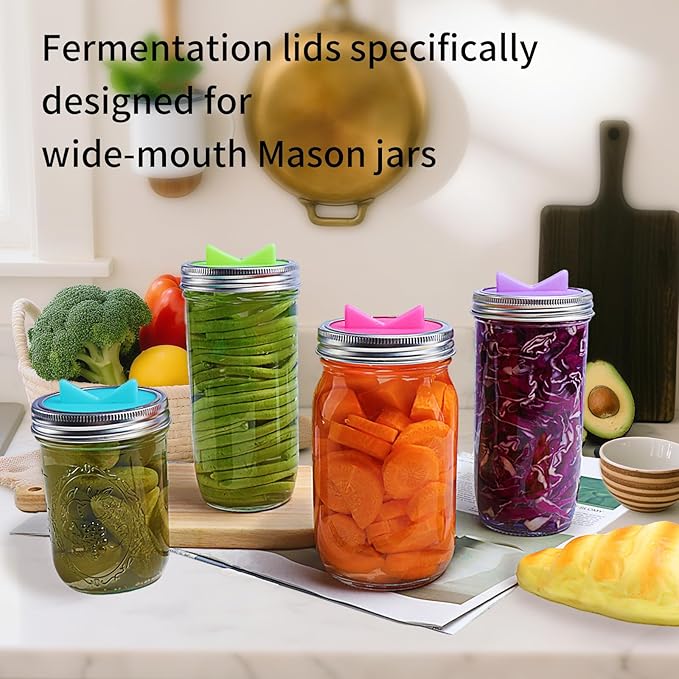 Mason Jar Fermentation Kit - Pickle Kit, Sauerkraut Making Kit - Fermentation Airlock Lids for Wide Mouth Mason Jars Excluding steel rings and bottles(AirLock+Glass weight+pounder)