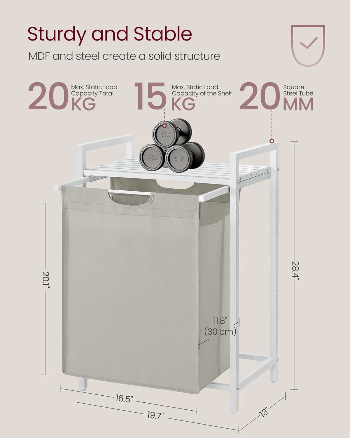 VASAGLE Laundry Hamper, Laundry Basket, Laundry Sorter with A Pull-Out and Removable Bag, Shelf, Metal Frame, 17.2 Gallons (65 L), 19.7 x 13 x 28.4 Inches, Cream White and Cloud White UBLH101W01