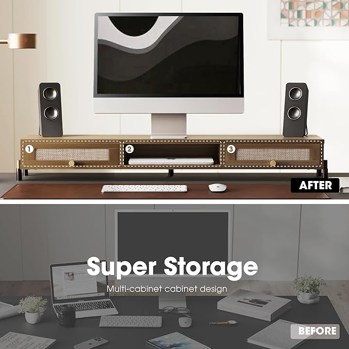 Fenge Dual Monitor Stand for Desk - Long Wooden Riser With Rattan Woven Drawer, 2 Tier Desk Shelf for 2 Monitors, Vintage Computer Stand for Laptop, Printer, TV