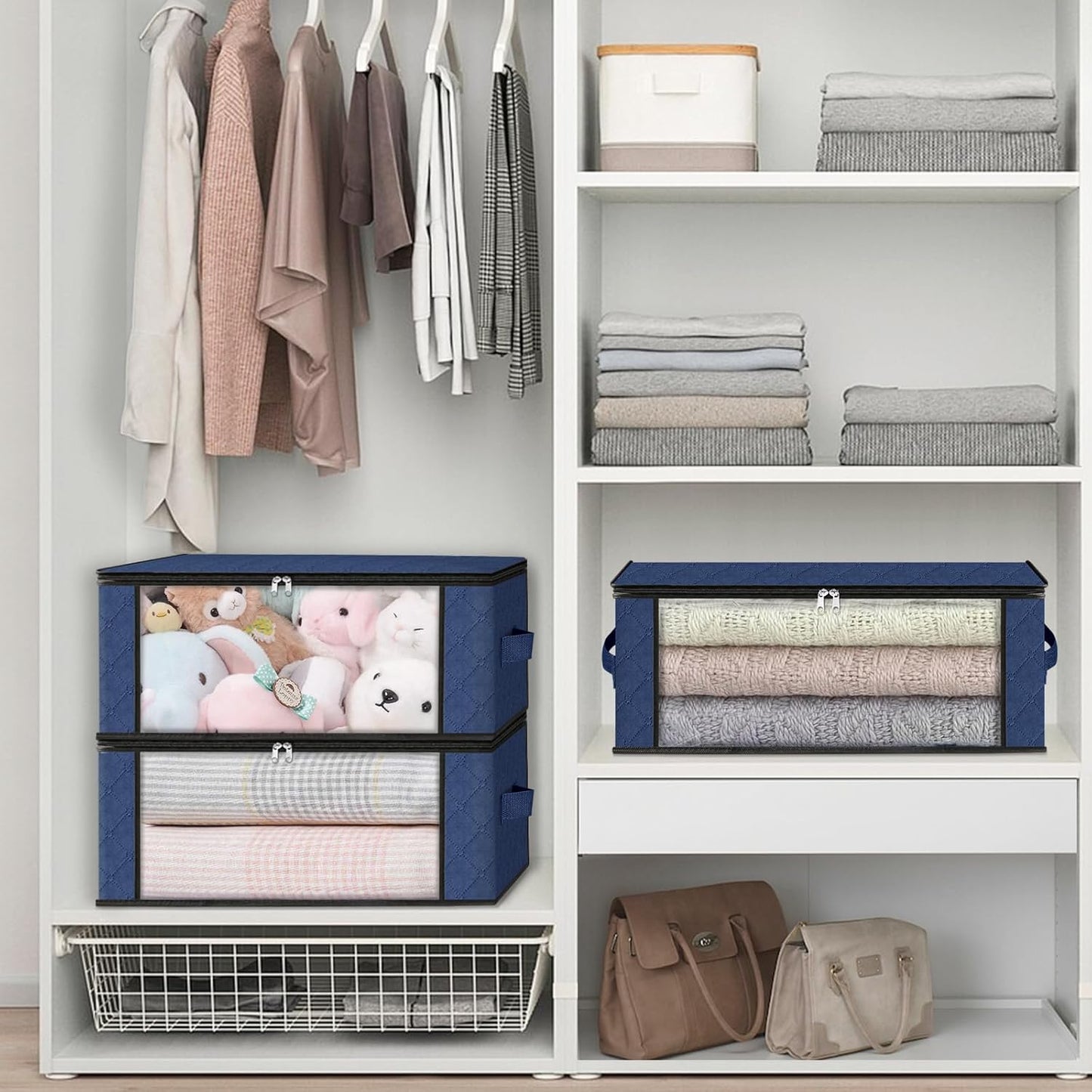 HomeHacks Storage 8-Pack Clothes Organizer Storage Bags Foldable Storage Box with Large Clear Window Sturdy Handles for Closet, Dorm, Pillows, Bedding, Clothes, Blankets, 35L, Blue