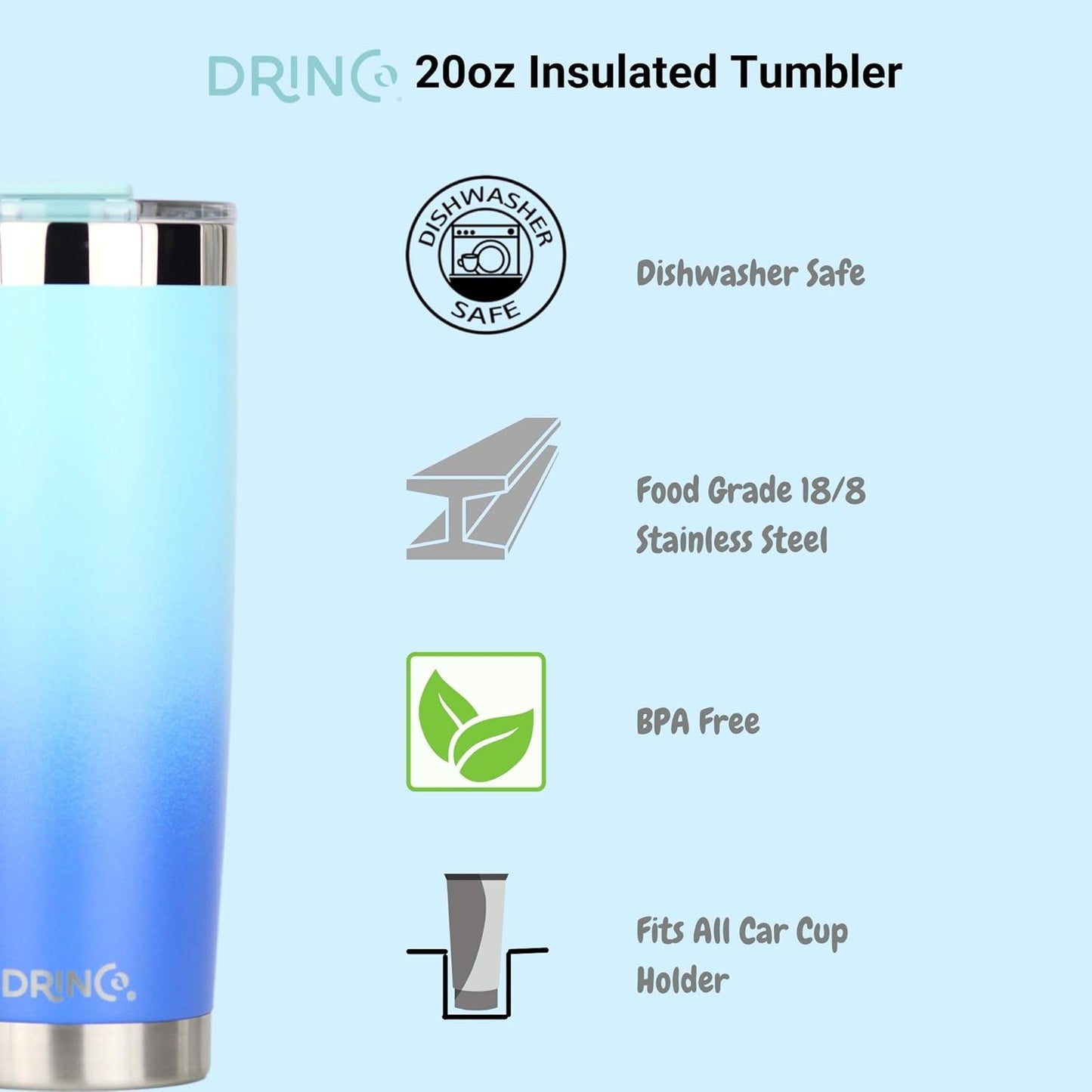 Drinco - 20 oz Stainless Steel Tumbler | Double Walled Vacuum Insulated Mug With Lid, 2 Straws, For Hot & Cold Drinks (20oz Morning Sky Blue, 20oz)