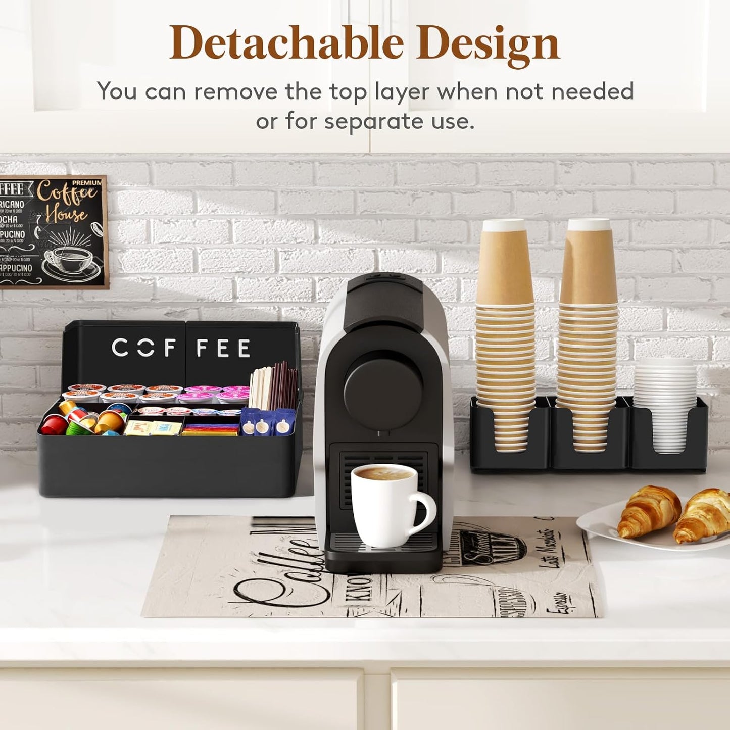 Lifewit 2-tier Coffee Station Organizer for Countertop, 10 Compartments, Tea Condiment Storage,Coffee Bar Organizer for Office Breakroom, Home Kitchen, Black