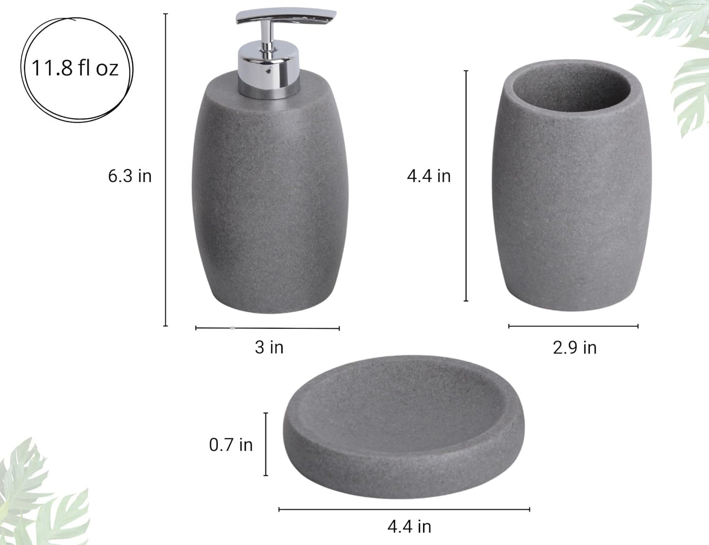 Grey Bathroom Accessories Set 3 PC, Resin Sandstone Look Soap Dispenser, Toothbrush Cup, Soap Dish, Bathroom Soap Dispenser Set for Home Decor and Kitchen