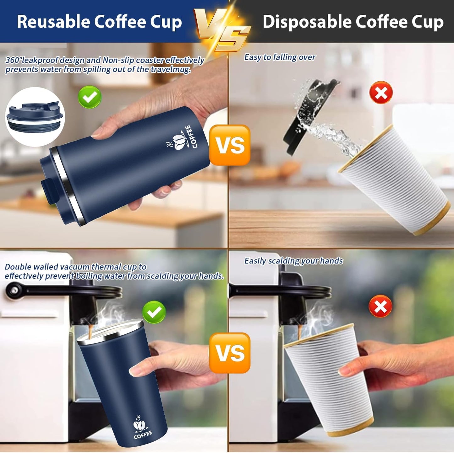 Insulated Travel Coffee Mug Reusable Coffee Tumbler Cup with Flip Lid Leak Proof Spill Proof for Office School Party Camping Hot and Cold Drink,Stainless Steel 17oz (Navy Blue)