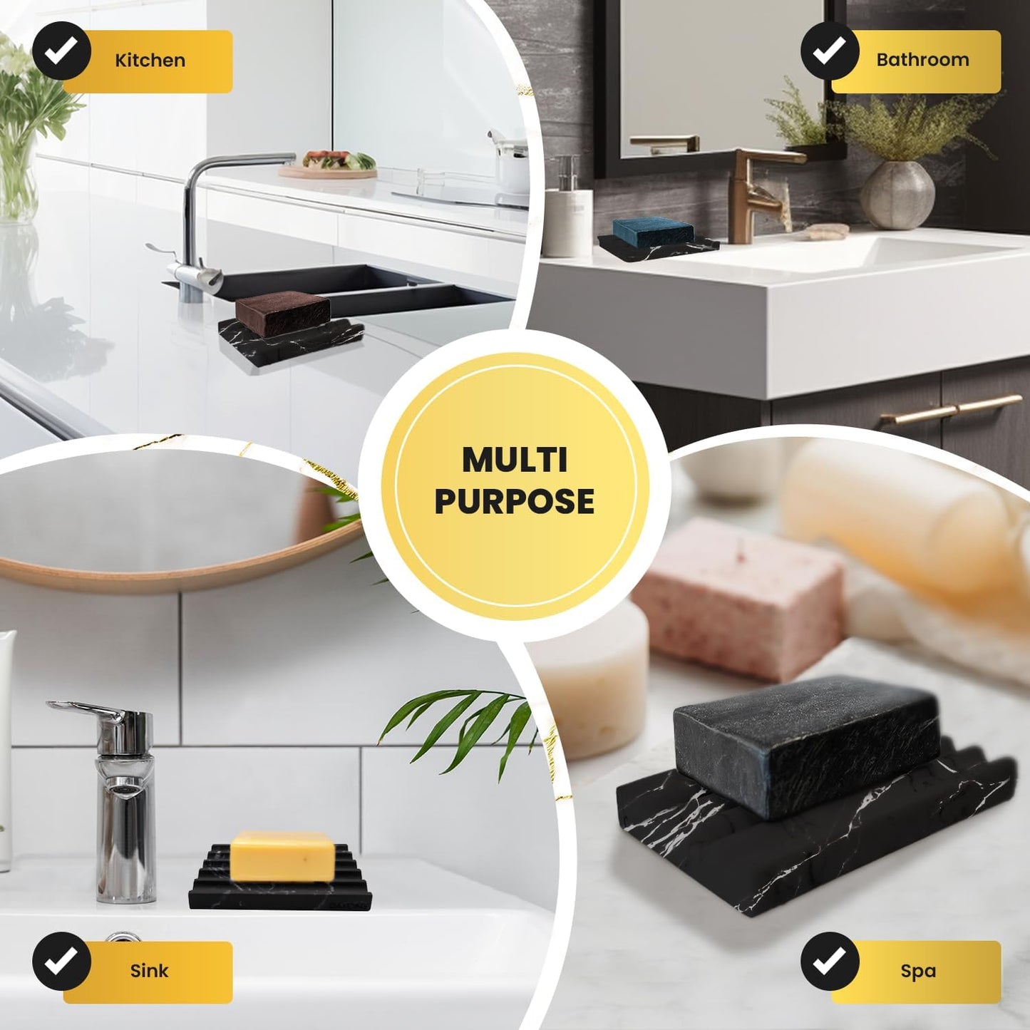 DAYONE Holder with Marble Look - Soap Dish with Soap Saver Ridges Rectangle Bar Soap Holder with Non Slip Feet - Soap Tray for Bathroom, Sink, Kitchen, and SPA (Black)