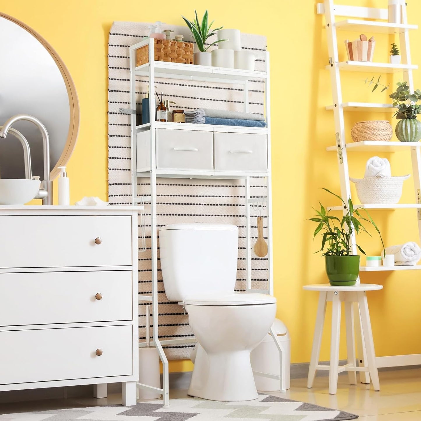 YBING Over The Toilet Storage Cabinet, Over Toilet Bathroom Organizer with Drawer, Above Toilet Stand with Roll Holder and Hooks, Over Toilet Storage Shelf Cabinet, Wooden, White