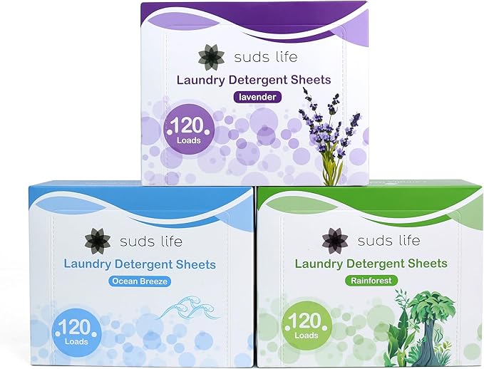 Suds Life Laundry Detergent Sheets (60 Sheets) Ocean Breeze, Lavender, Rainforest - Portable, Concentrated Laundry Detergent (Up to120 Loads) (Rainforest)
