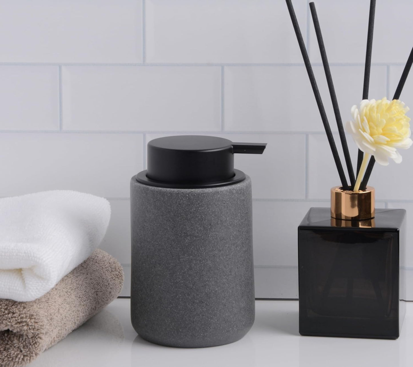 Resin Hand Soap Dispenser with Easy-to-Press Pump, Refillable Liquid Soap Dispenser with Sandstone Like Finish, Waterproof Bottle Labels for Bathroom Kitchen Dish Lotion (Gray, 10 oz)