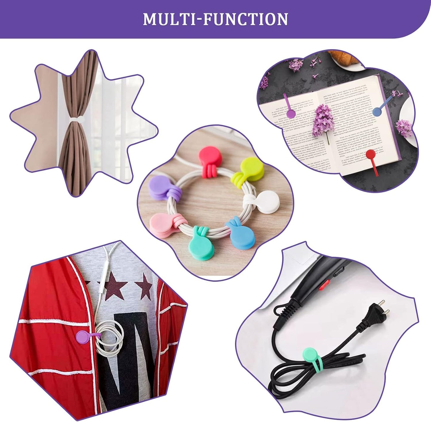 Motiloo 8 Colors-48 Pack Reusable Magnetic Cable Ties Silicone Magnetic Cable Clips Cord Organizer Management Cable Cords,Book Markers, Fridge Magnets,Multicolor