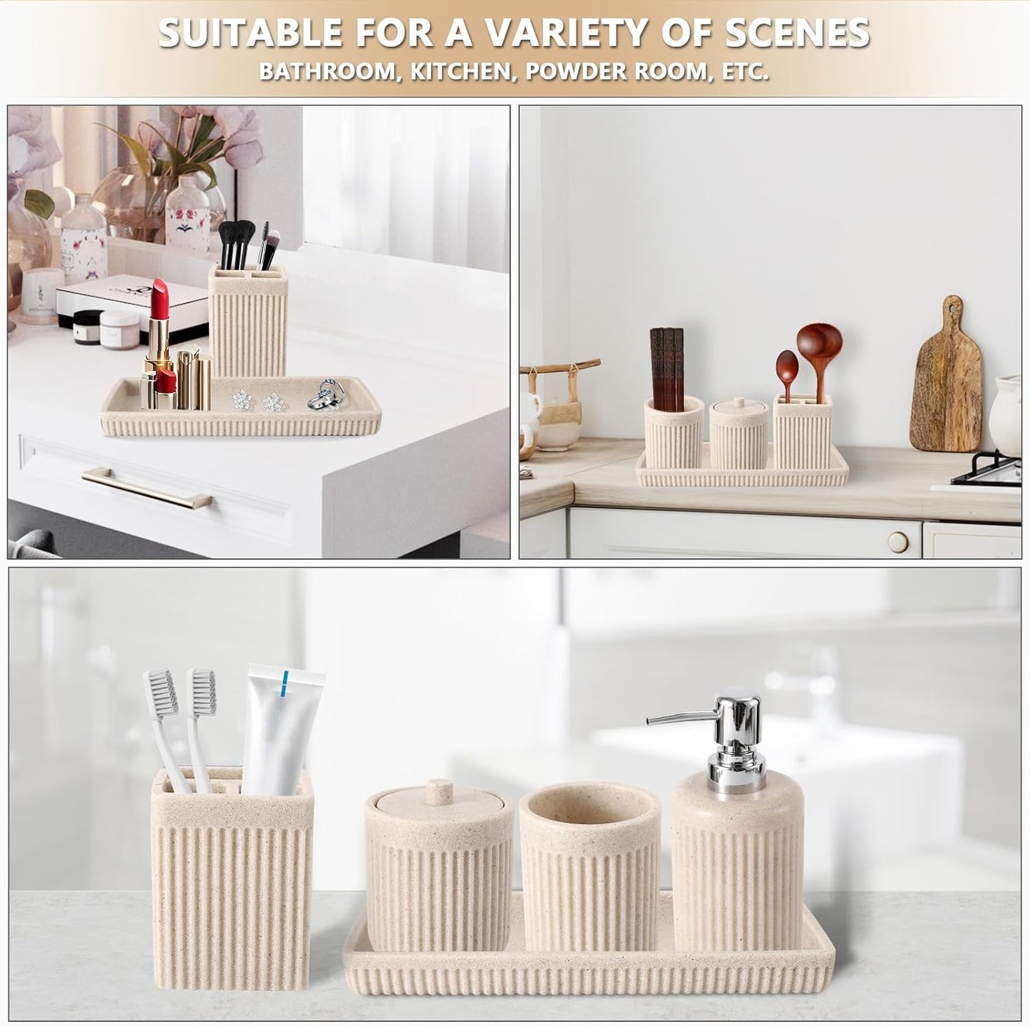 Resin Beige Bathroom Accessories Set 5 Pcs, Lotion Soap Dispenser, Toothbrush Holder, Bathroom Tumbler, Qtip Holder and Vanity Tray, Bathroom Countertop Organizer Set for Modern Home Apartment