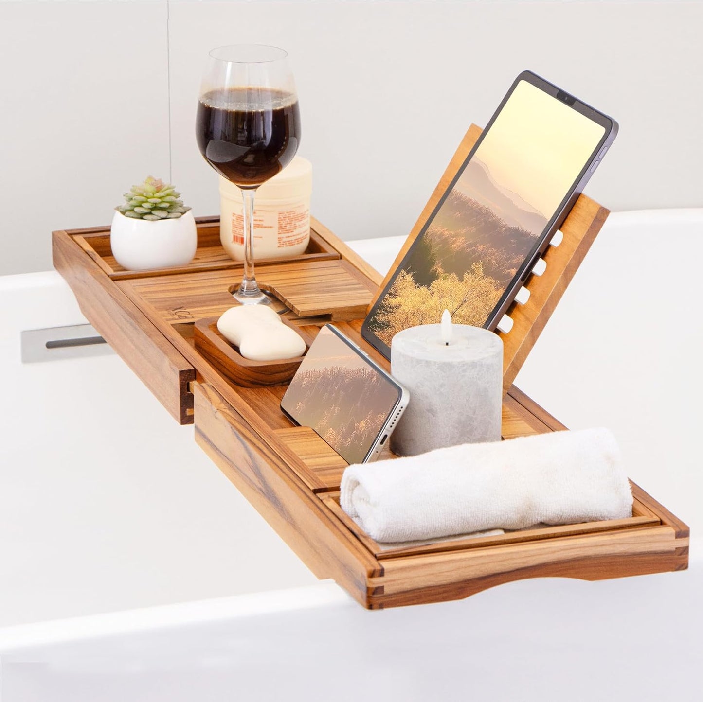 XcE Teak Bathtub Tray Expandable to 105cm with Solid Book Stand and Soap Tray, Teak