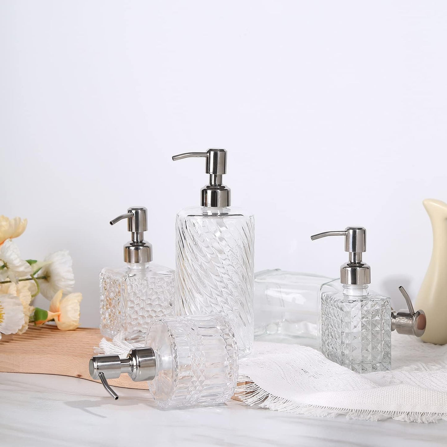 Soap Dispenser with Stainless Steel Pump, Clear Crystal Design, Vintage and Elegant, Refillable Liquid Hand Soap Dish Soap Dispensers for Bathroom Counter, Kitchen Sink (Style 3)